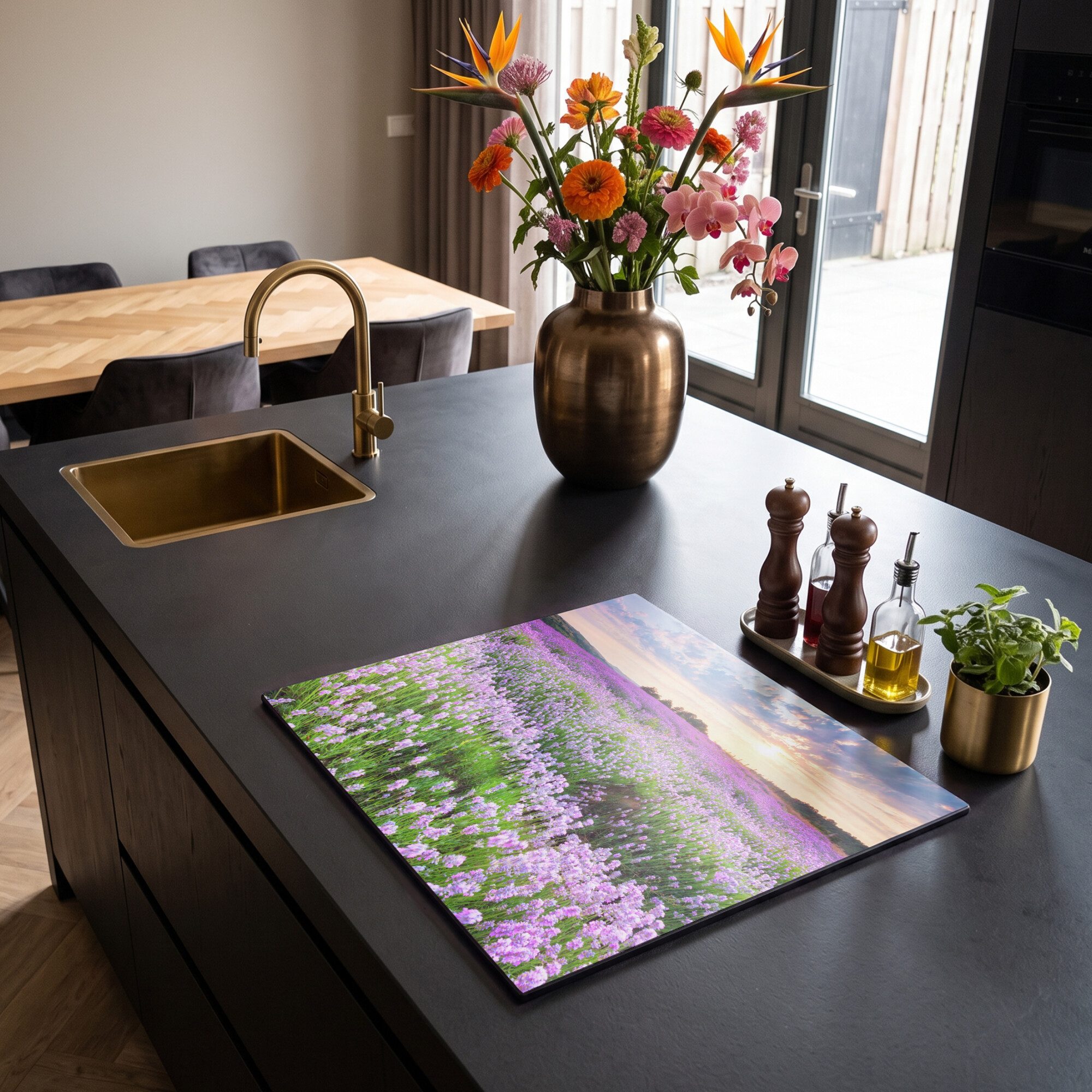 MuchoWow Herd-Abdeckplatte Lavendel - Blumen - Sonnenuntergang - Lila - Wiese, Vinyl, (1 tlg), Abdeckplatte für Ceranfeld, Herd Inductionsmatte, 57.6x51.6 cm – Bild 5 von 5