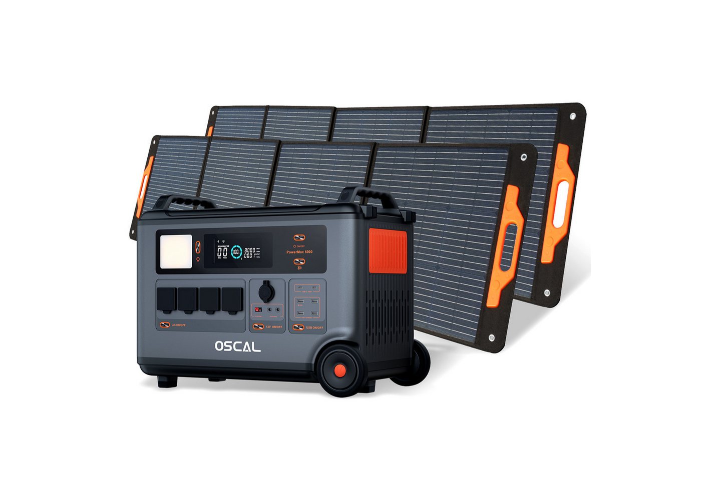 OSCAL Stromerzeuger Stromerzeuger PowerMax 6000 6000W/3600Wh Tragbare Powerstation, 3,60 in kW, 3600Wh, 14 Anschlüsse, DC/AC-Wechselrichter, LiFePO4 Solarspeicher