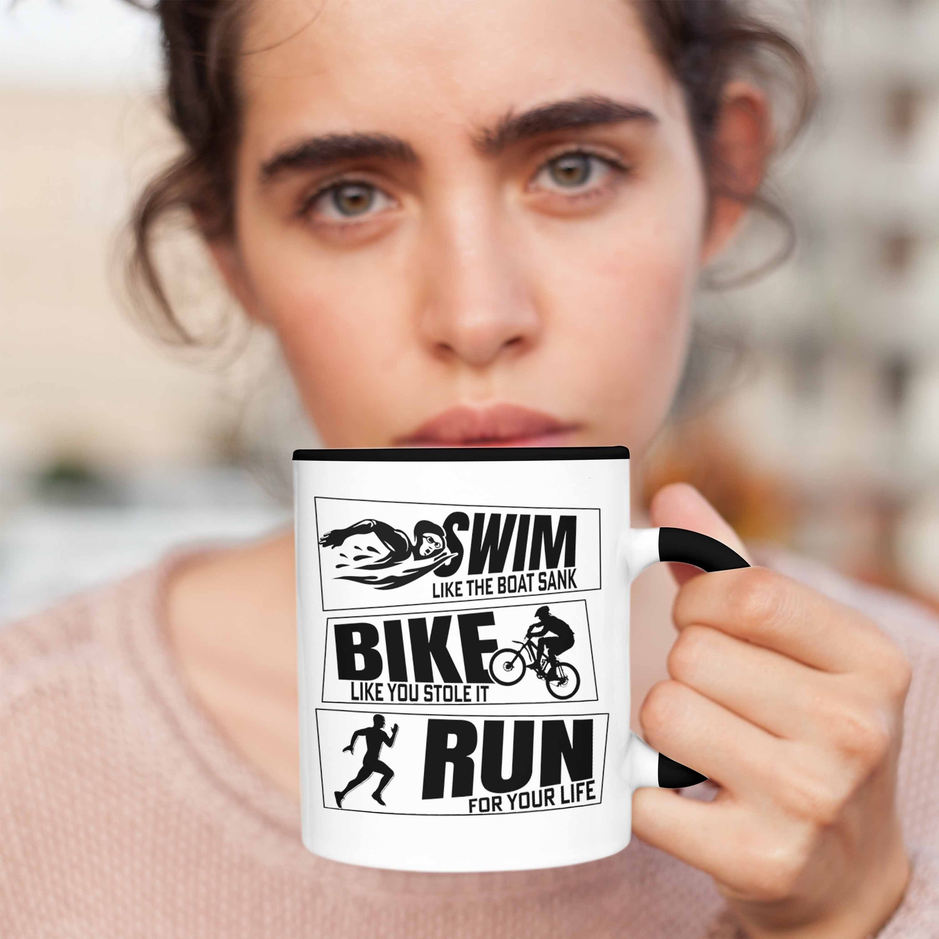 Trendation Tasse Geschenkidee Sportl Schwarz Tasse Bike Geschenk Triathlon Spruch Swim für Run