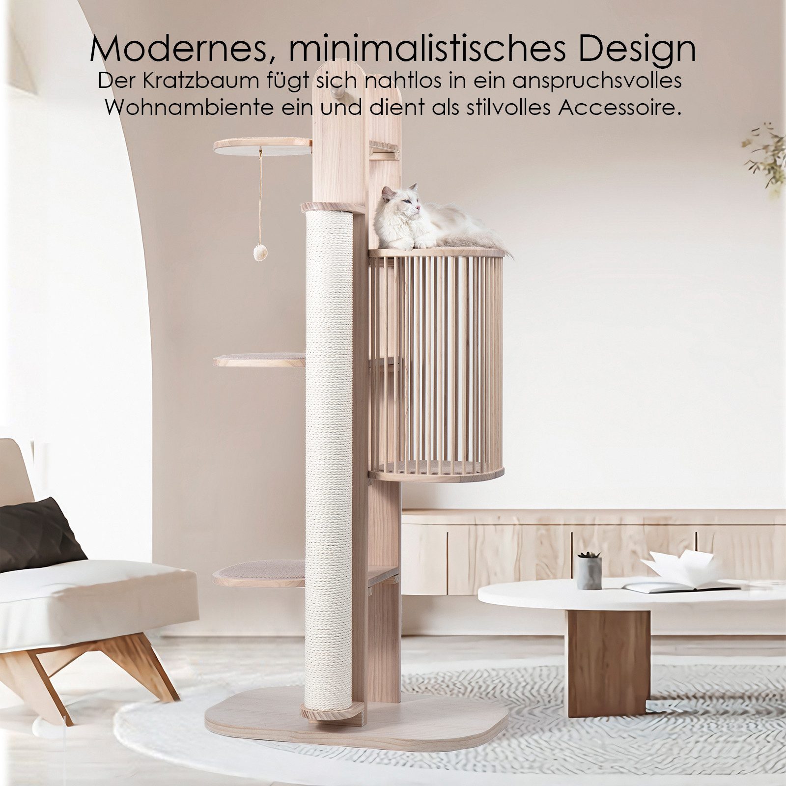 PetRhein Kratzbaum moderner Katzenbaum Skycity aus robustem Massivholz mit Höhle & Ball, 4 Plattformen, Kletterbaum, Katzenmöbel mit Sisal, mit Spielzeug