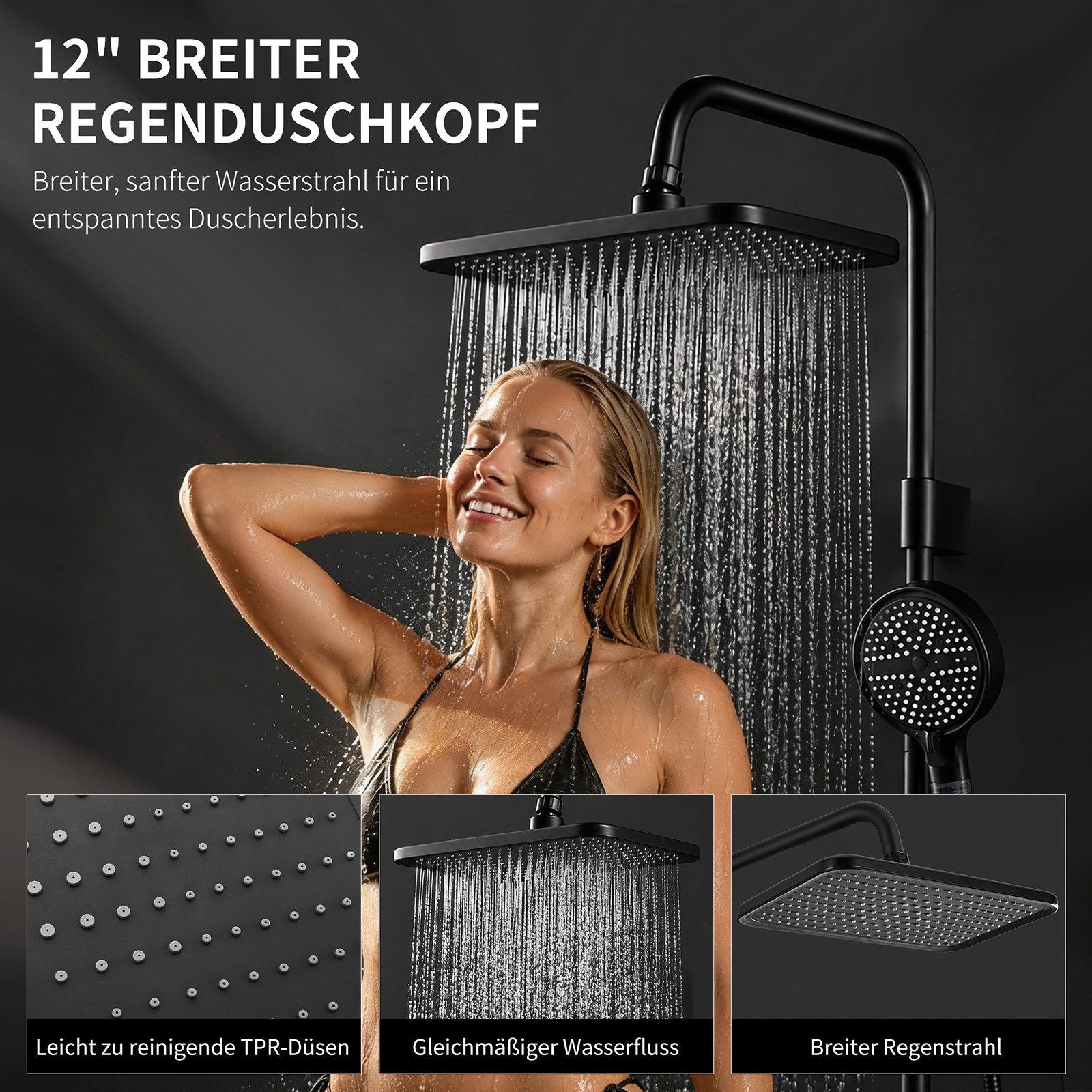 HOMELODY Duschsystem mit Badewannenarmatur, 30×20 cm Regendusche, 6-Strahl-Handbrause, SUS304 Edelstahl, höhenverstellbar, Filter-Handbrause, Schwarz – Bild 3 von 5