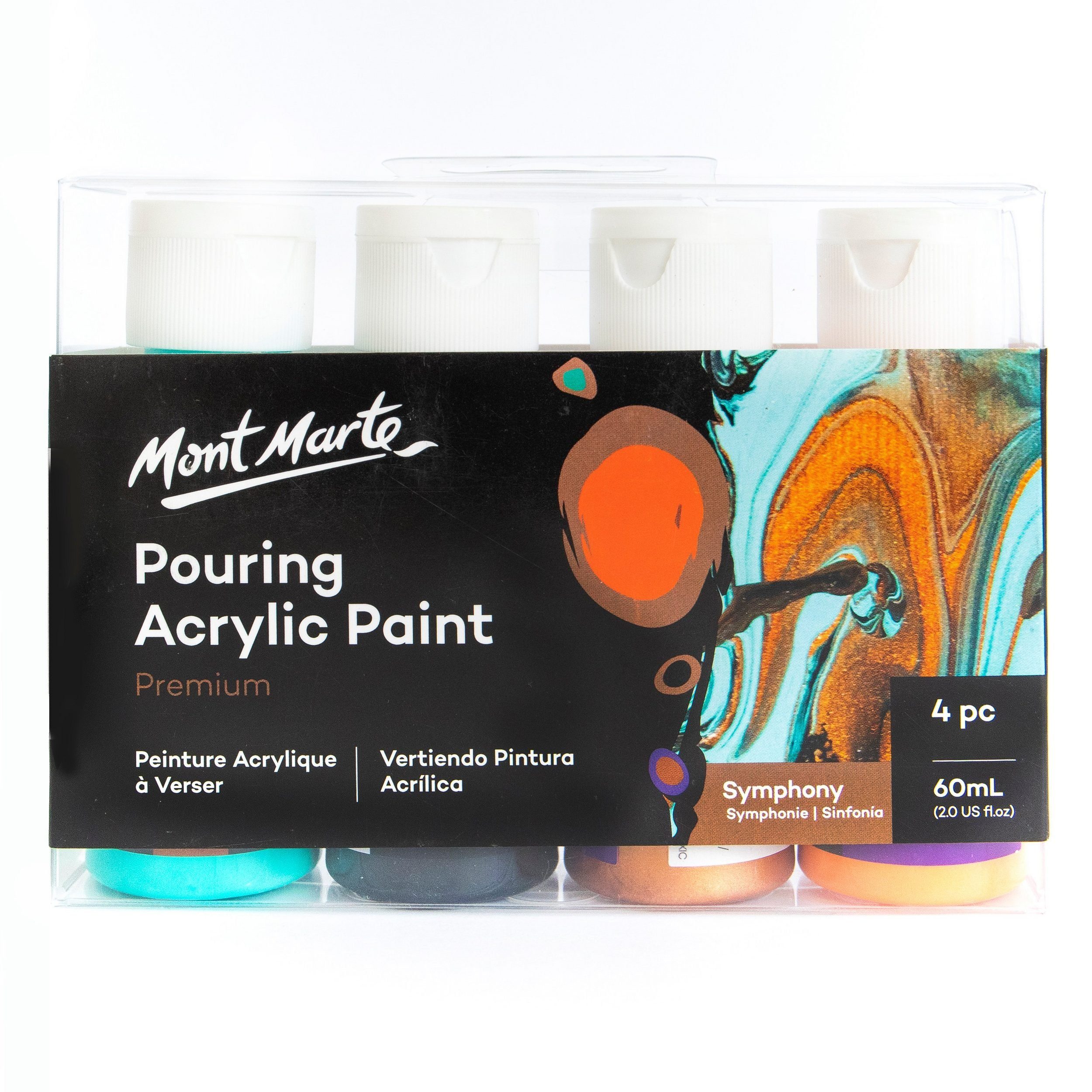 Mont Marte Bastelfarbe PREMIUM Pouring Acrylfarbe, Gieß-Acryl, je 4 x 60 ml, diverse Sets, Untereinander vermischbar & Bereits mit Pouring Medium vorgemischt