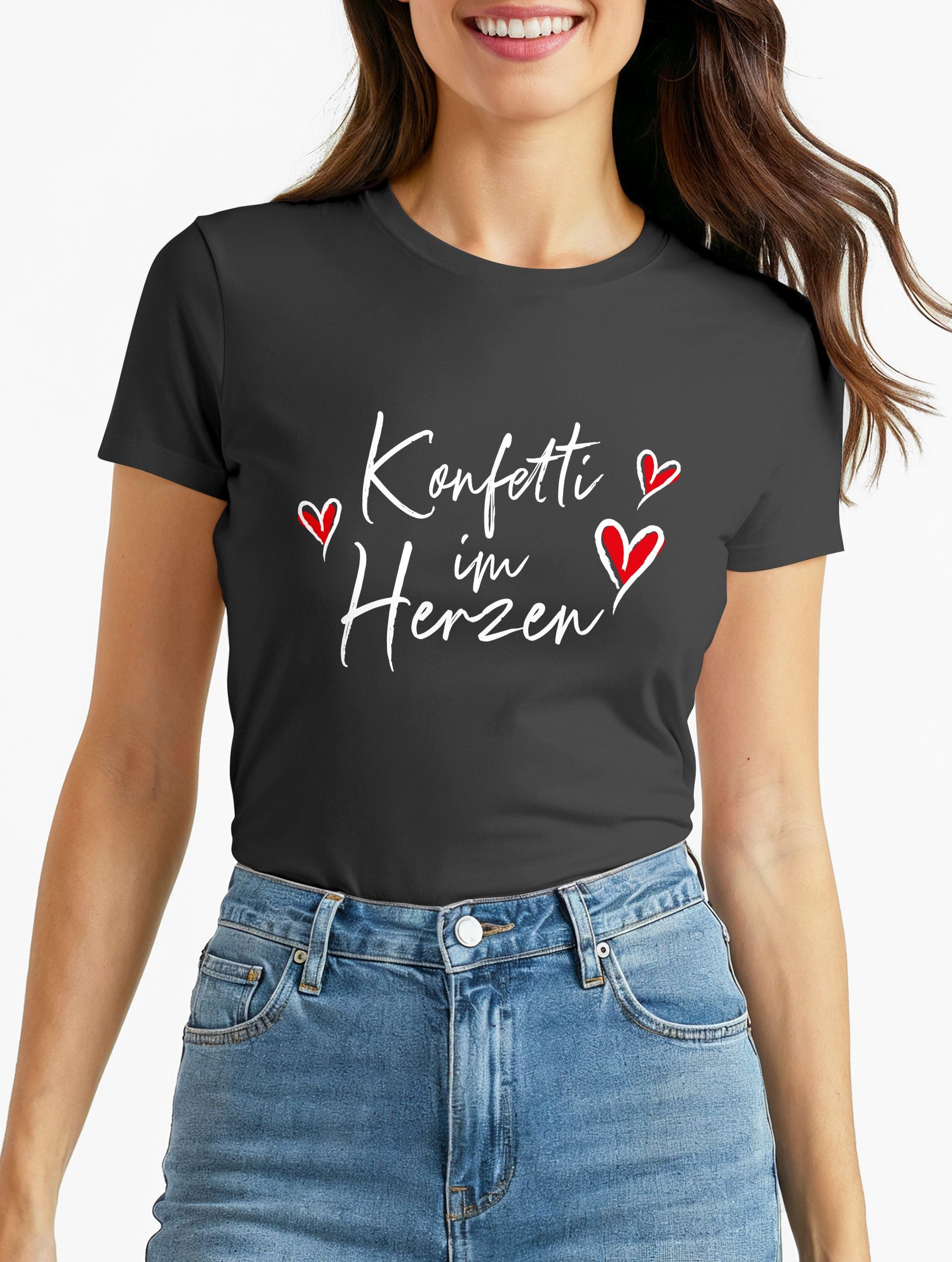 Print-Shirt Damen T-Shirt Fasching Karneval Spruch Konfetti Herz Kostüm-Ersatz