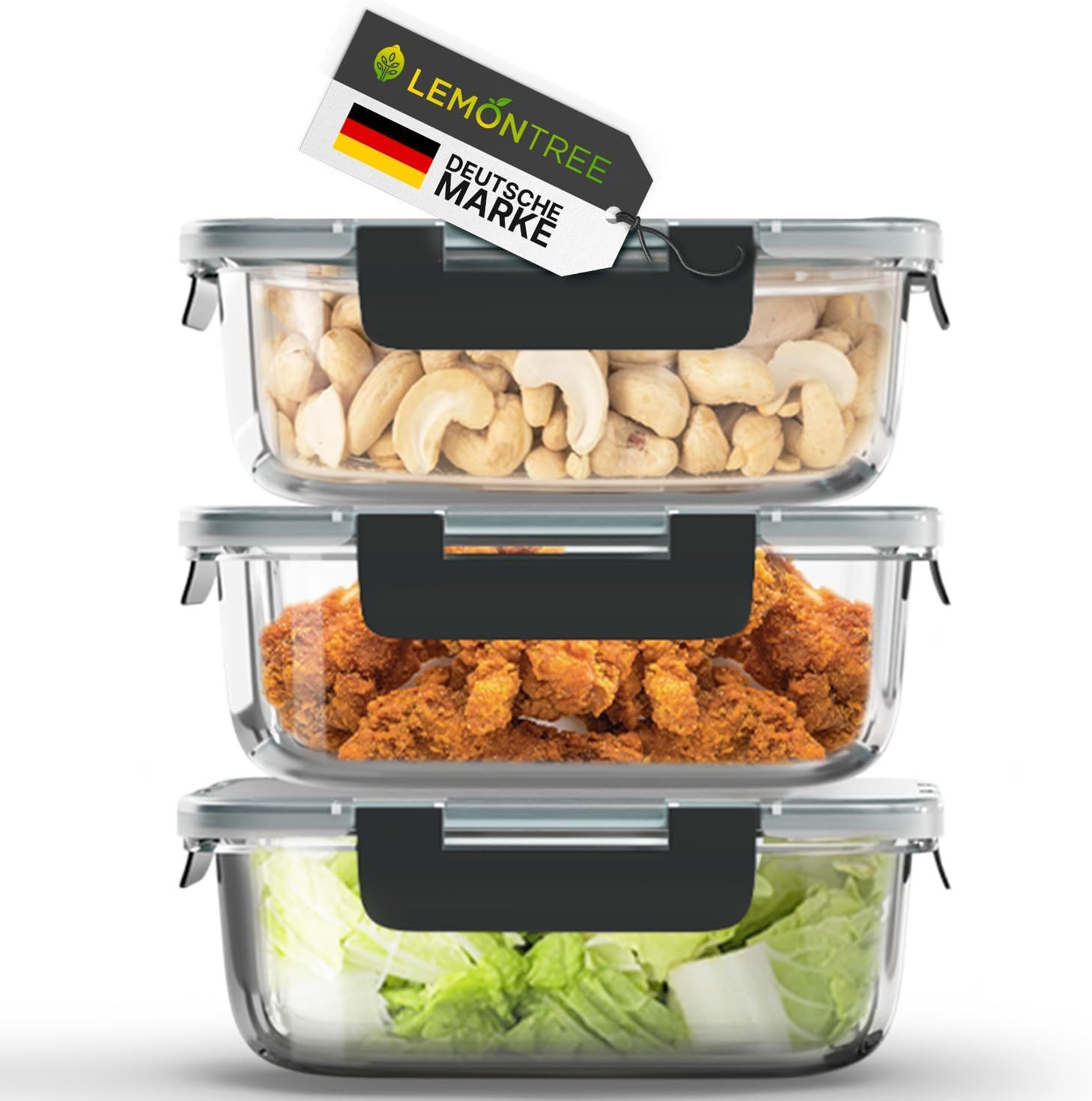 Lemontree Vorratsdose mit Deckel Luftdicht - Meal Prep Boxen Glas - Mikrowellengeeignet, (Vorratsdosen-Set (3-teilig, groß je 1040 ml), Meal Prep Boxen 3er Set - 1040ml - auch als 5er & 10er Set erhältlich), Luftdicht, auslaufsicher, stapelbar, mikrowellen-, ofen- & gefrierfest