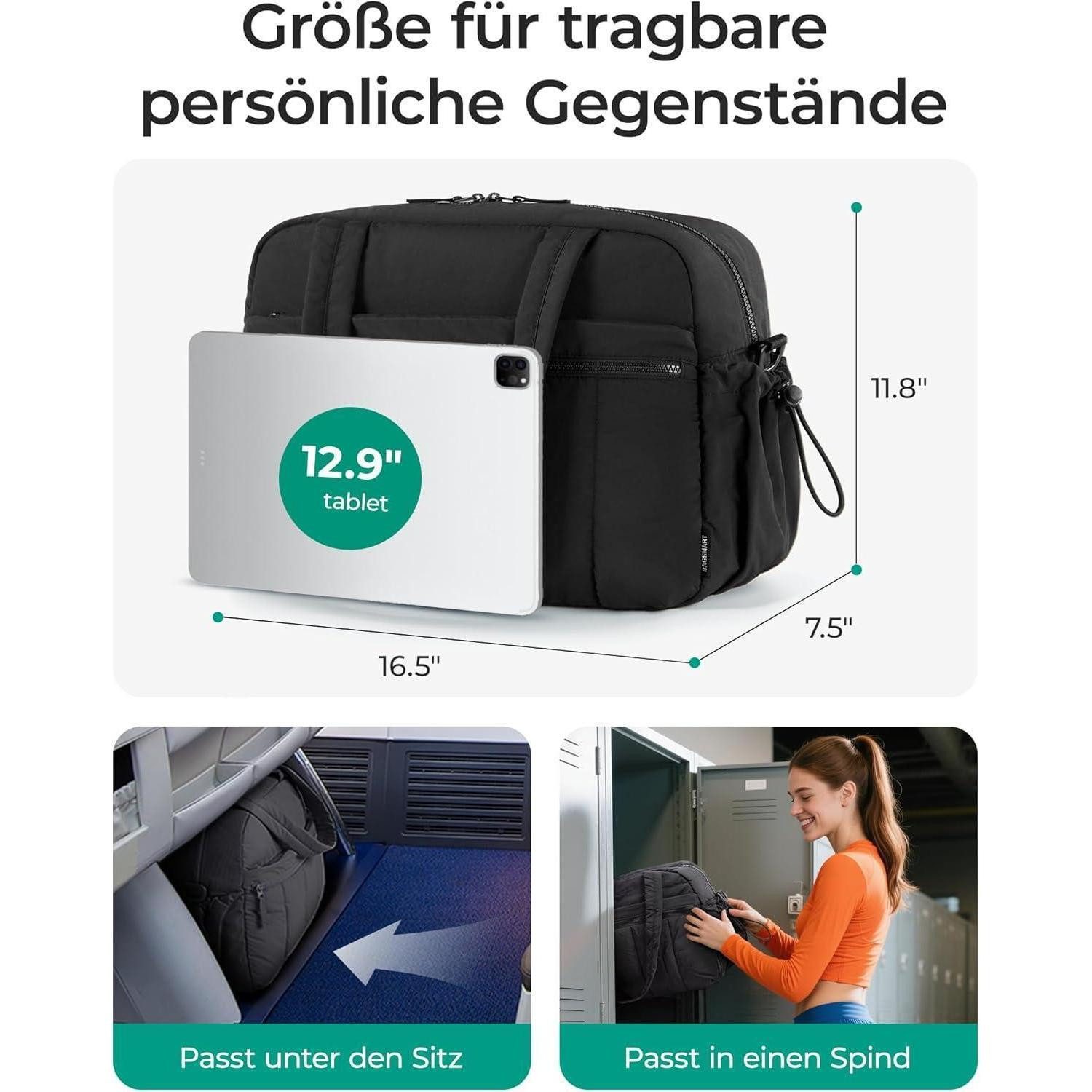 LuxusKollektion Weekender Puffer Reisetasche Damen 24l Weekender Wasserabweisend Schwarz