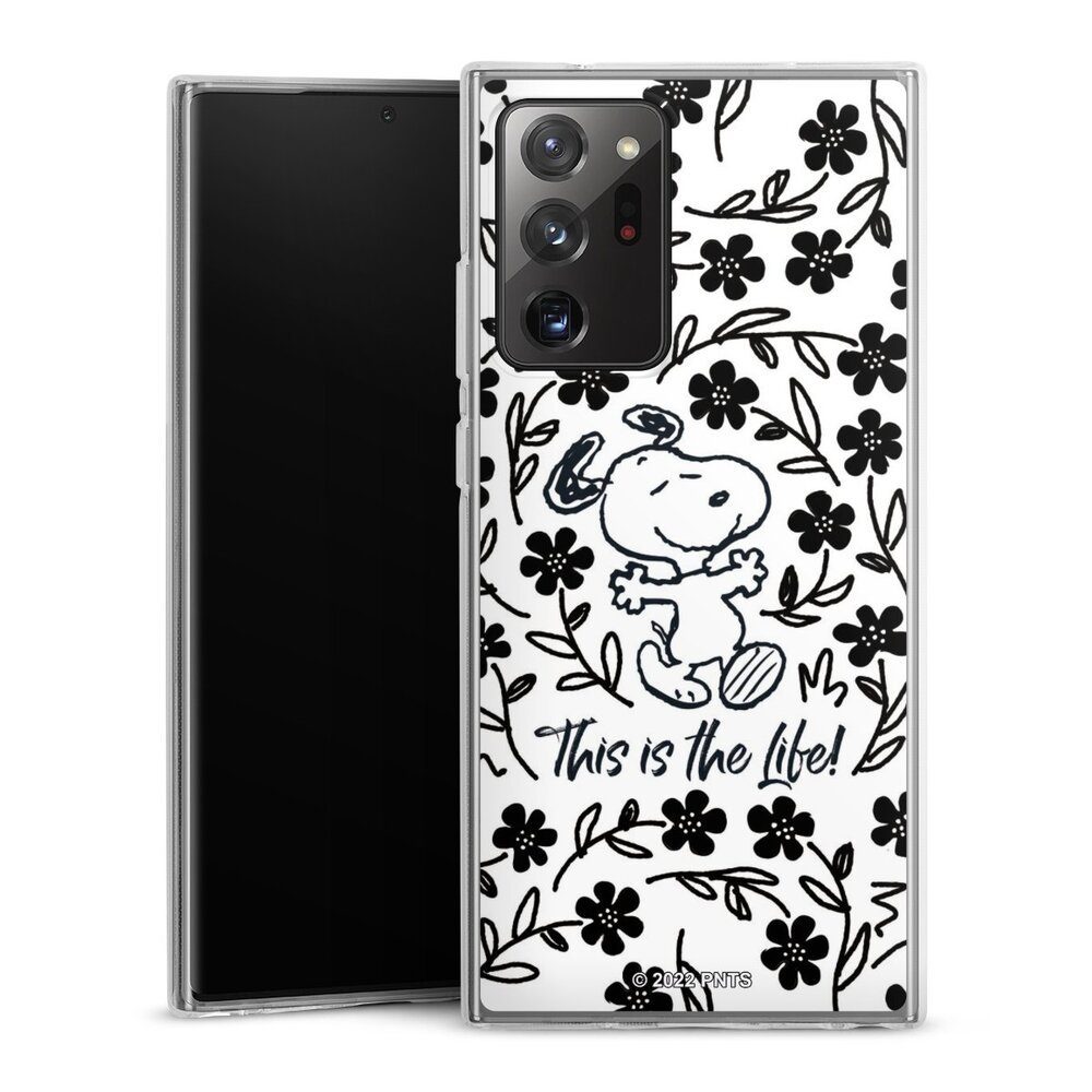 DeinDesign Handyhülle Peanuts Blumen Snoopy Snoopy Black and White This Is The Life, Samsung Galaxy Note 20 Ultra 5G Silikon Hülle Bumper Case