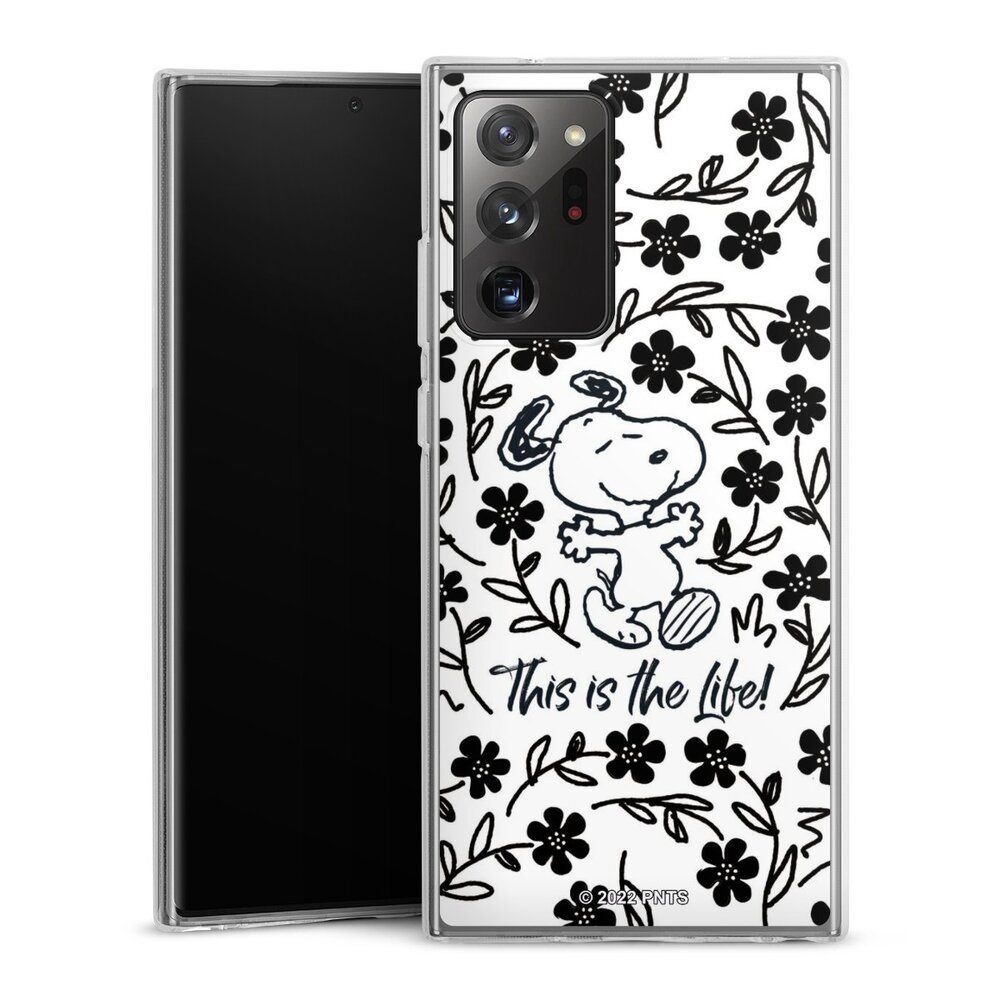 DeinDesign Handyhülle Peanuts Blumen Snoopy Snoopy Black and White This Is The Life, Samsung Galaxy Note 20 Ultra Silikon Hülle Bumper Case