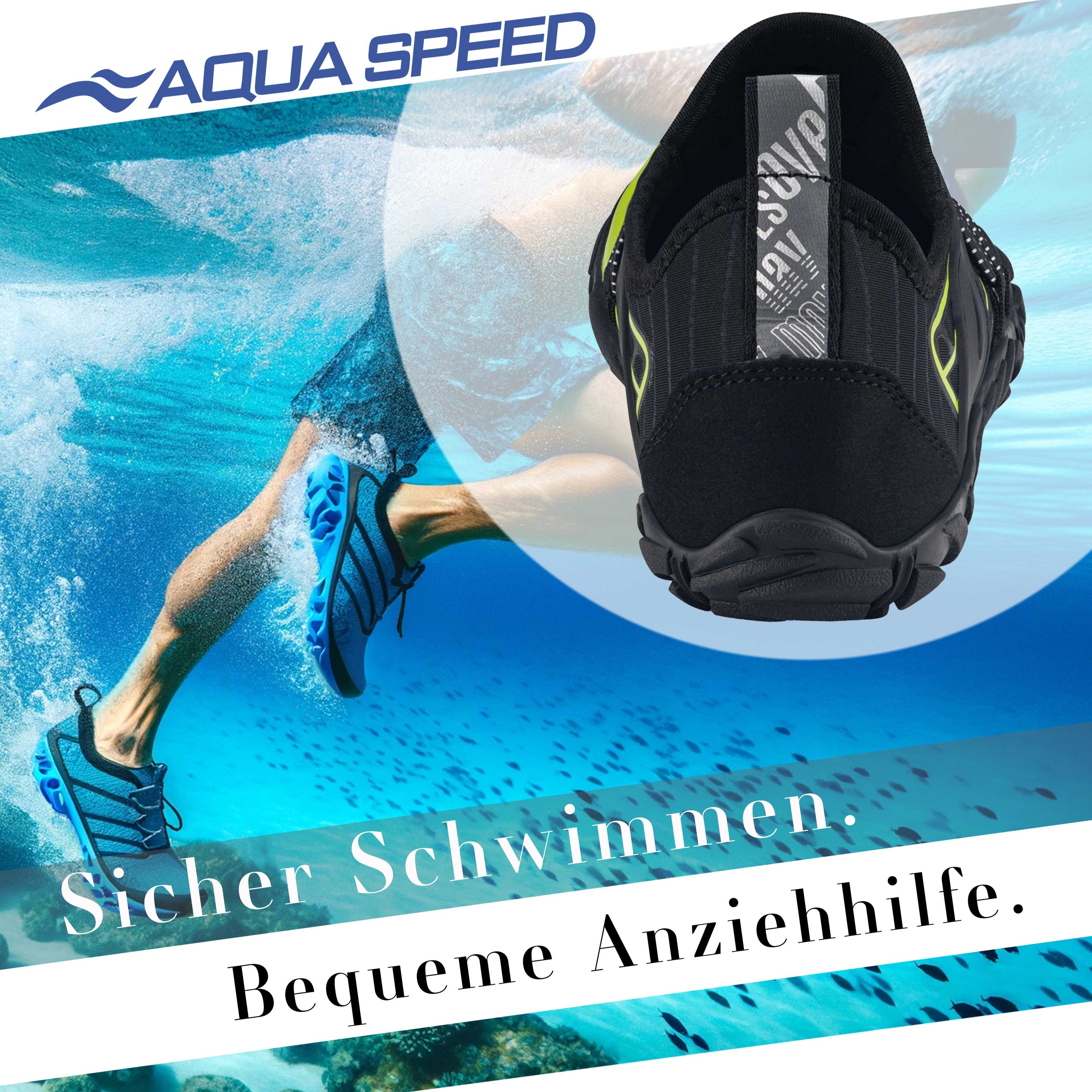 Aqua Speed Schwimmschuhe SALMO Gr. 43 – Schwarz/Grün + Handtuch Wasserschuh (Wasserschuhe mit Komfort – leicht, weich & belastbar) Schützt vor Rutschen & Reibung – Sicher bei Bewegung