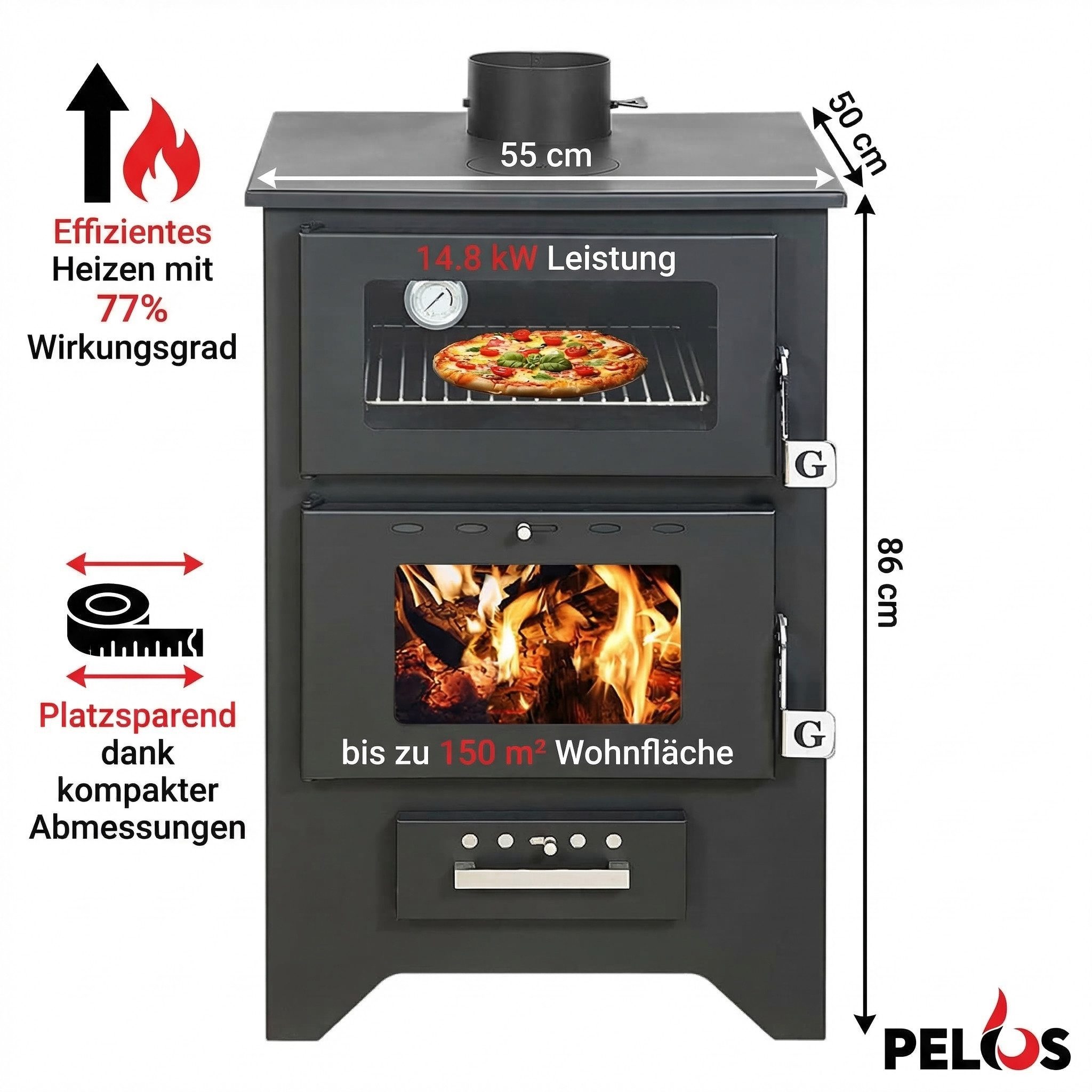 Gekas Kaminofen MG 450 für 150 qm Wohnfläche, 14,8 kW, Holzofen, schwarz, Stahl, Pizzafach, Backfach