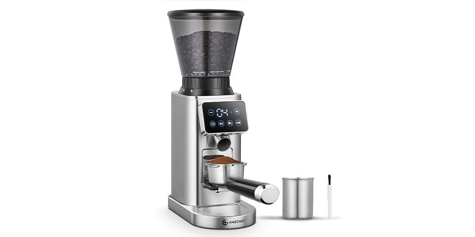 AMZCHEF Kaffeemühle CG20OT9-SV, 160 W, 300 g Bohnenbehälter, Kaffeemühle Siebträger Elektrisch mit 24 Mahlgrad Einstellbar
