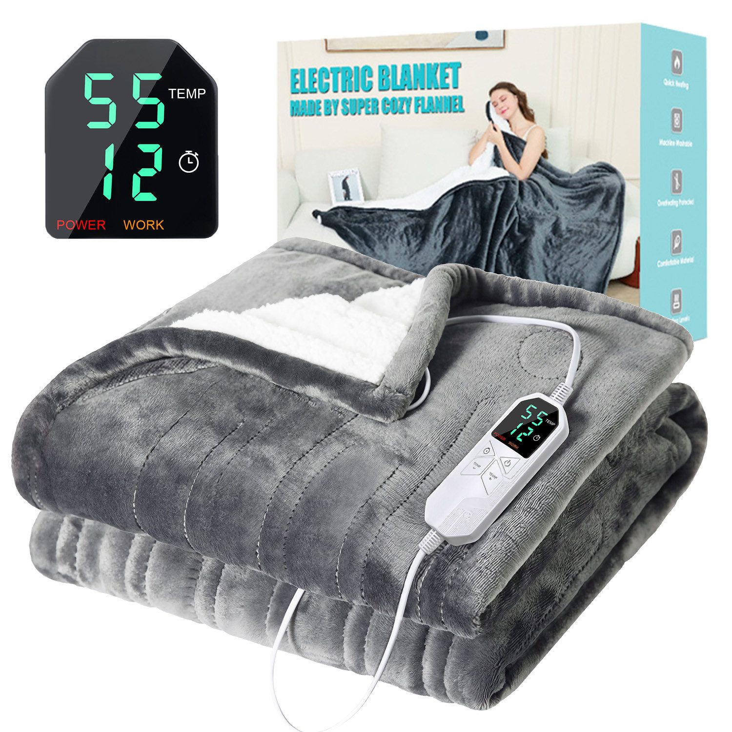 JVJH Heizdecke mit Abschaltautomatik,8 Stufen & 1-12H Timer Auto-Aus,180 x 130 cm, Flanell&,Maschinenwaschbar, Überhitzungsschutz