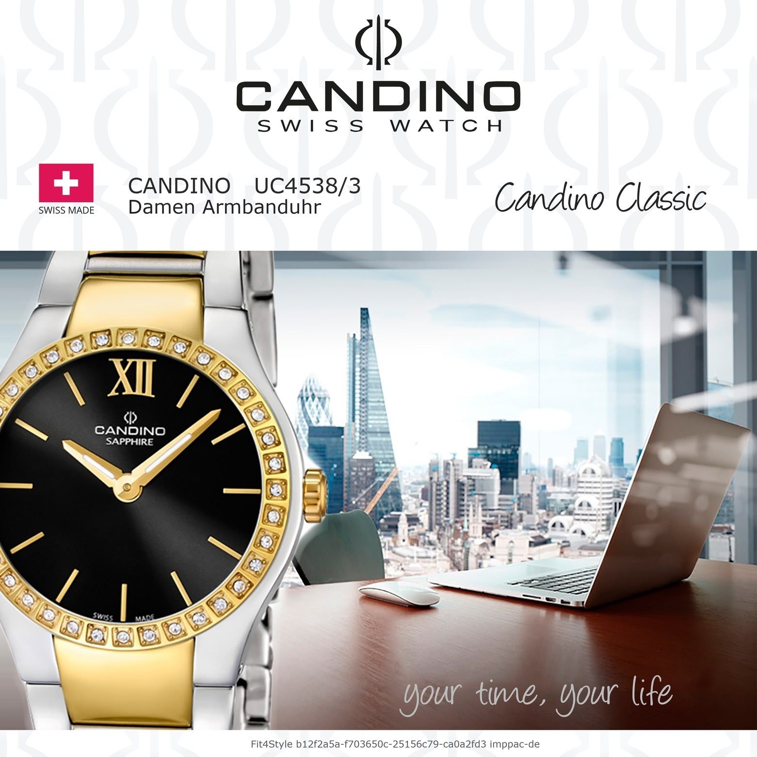 C4538/3, Quarzwerk Damen rund, Candino Edelstahl Damen Quarzuhr silb Gelbgold Beschichtungarmband Armbanduhr Candino Uhr PVD