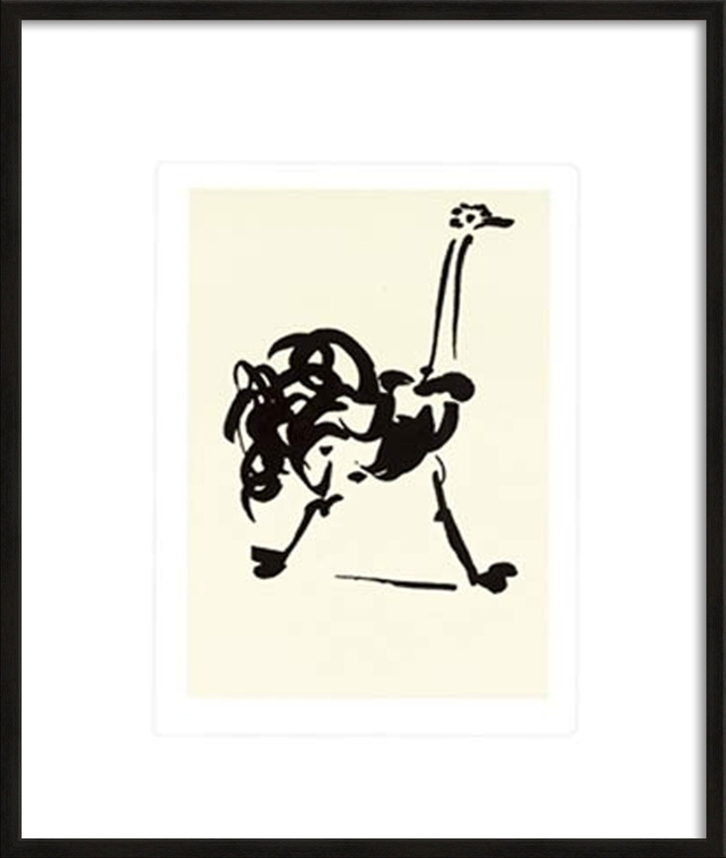artissimo Bild mit Rahmen gerahmter Siebdruck 53x63 cm / schwarz-weiß Zeichnung / Tiere, Pablo Picasso: Der Strauß / L'autruche/ Ostrich
