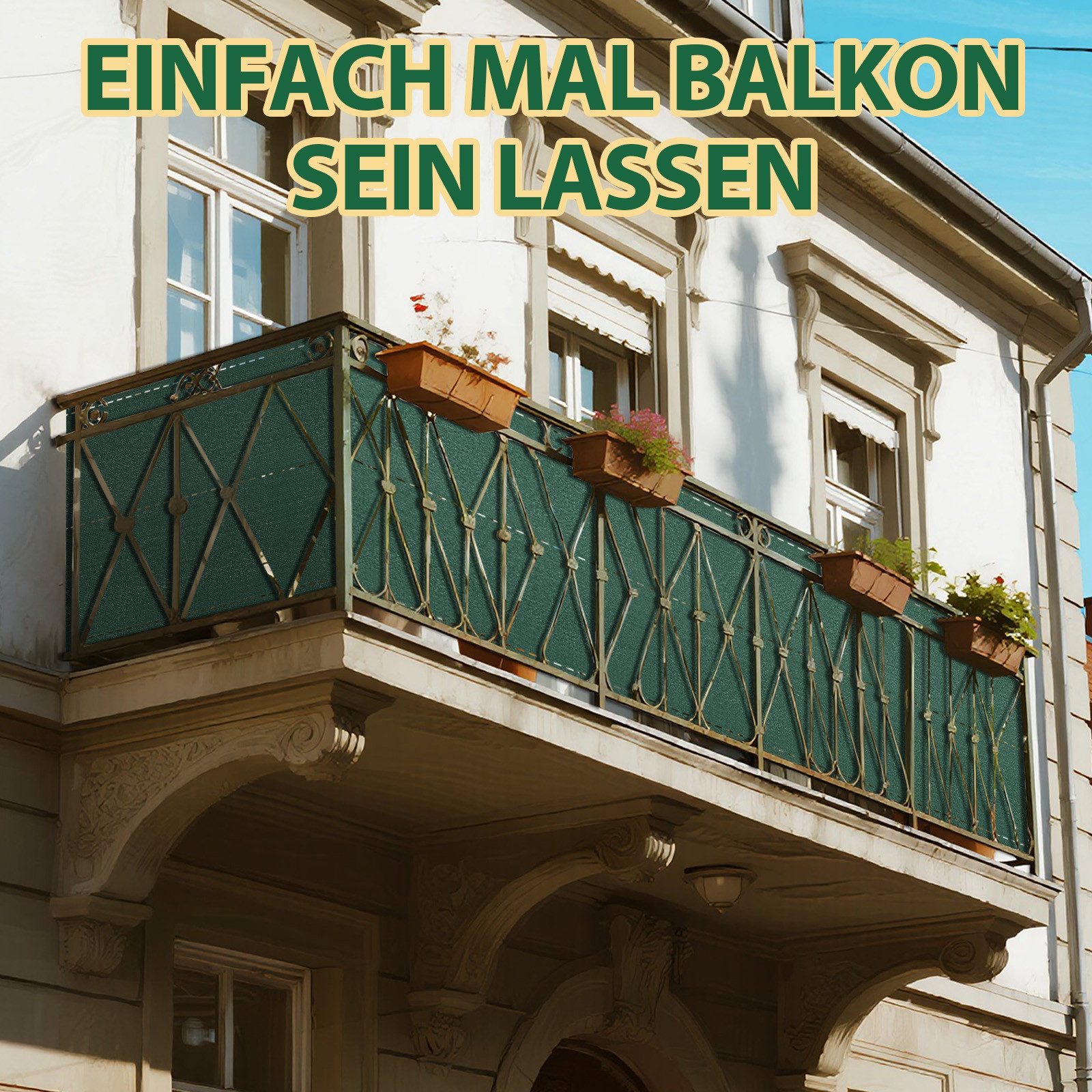 Ferghana Balkonsichtschutz Schatten Sichtschutz Seelenfrieden, Sichtschutz Balkon aus HDPE (Länge: 10 Meter, Höhe optional)für Gitter Geländer Zaun) Blickdicht UV-Schutz, Schattiernetz mit Kabelbinder