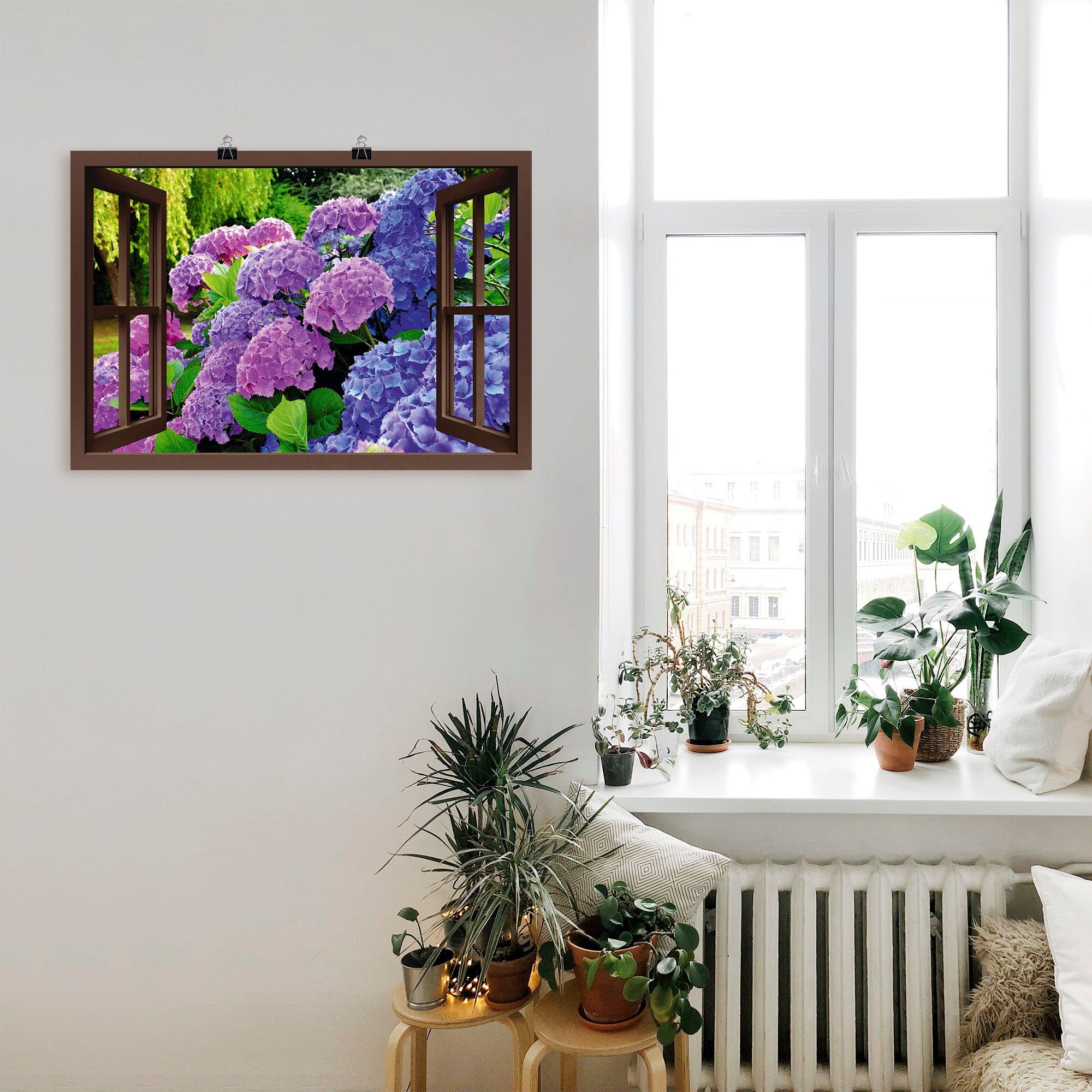 oder Hortensien Alubild, Blumen Garten, Wandaufkleber in als St), Leinwandbild, Fensterblick Artland Poster im Größen Wandbild (1 - versch.