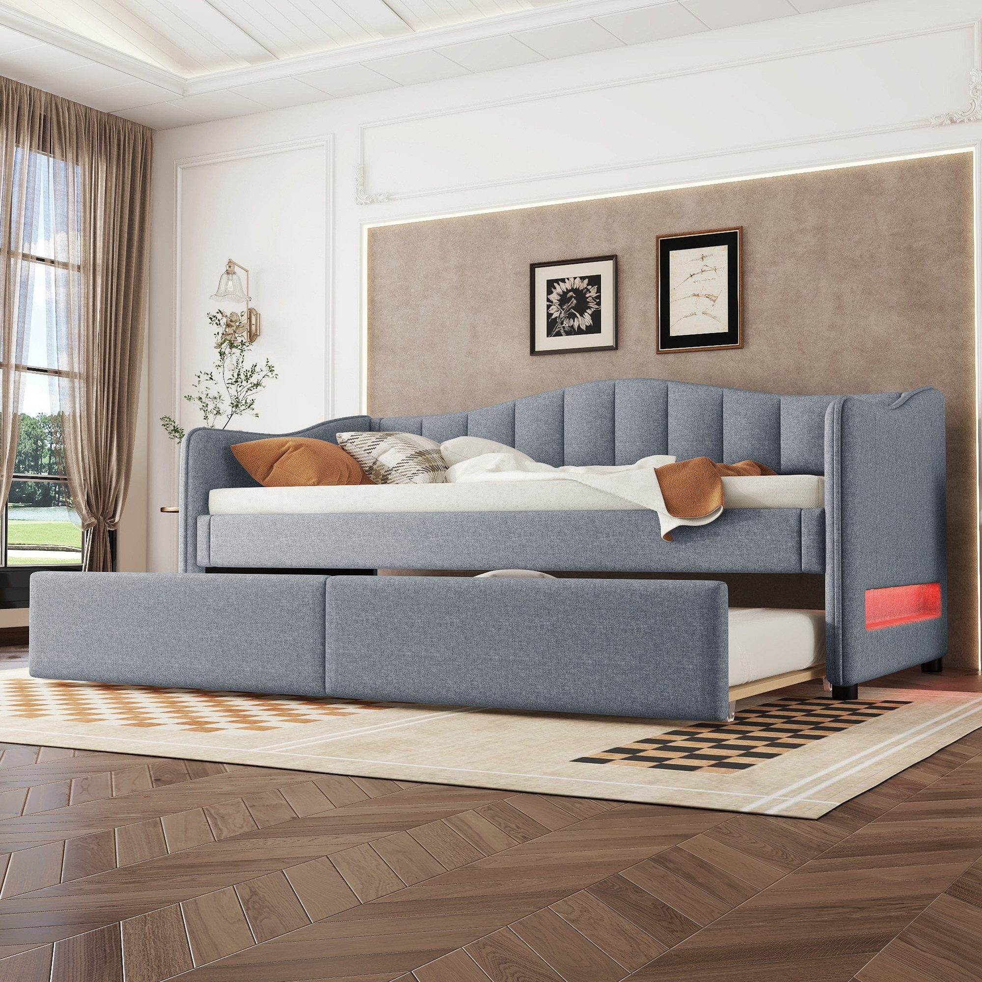 Flieks Daybett, LED Schlafsofa Polsterbett 90x200cm mit Ausziehbett 90x200c günstig online kaufen