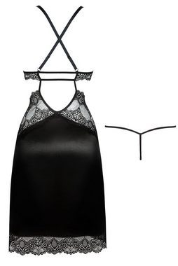 Beauty Night Fashion Negligé Satin-Negligee Adelaide schwarz Nachthemd mit String Spitze (2-tlg)