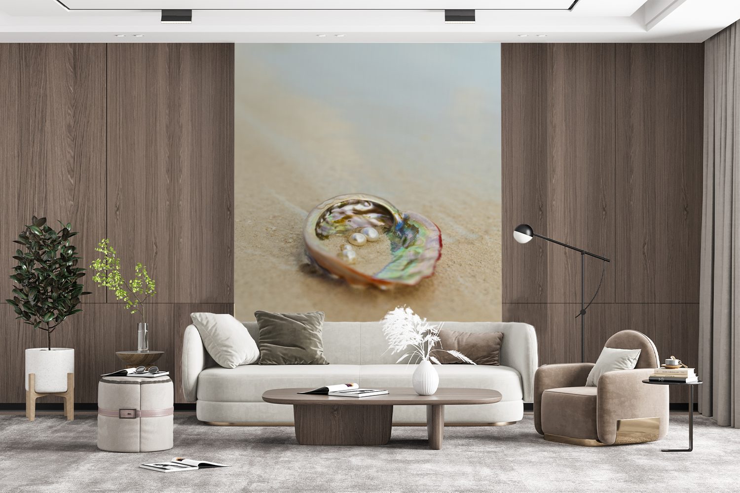 MuchoWow Fototapete Perlen in Matt, Strand, Tapete Wohnzimmer, Vinyl Montagefertig bedruckt, (4 Austernschalen St), für am Wandtapete
