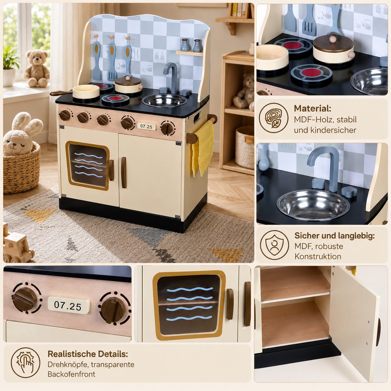 Best for Kids Spielküche Spielküche – Holzküche für Kinder mit Backofen, Spüle, Herd & Zubehör Holz, Herausnehmbare Spüle, Realistisches Rollenspiel, Stabile Konstruktion