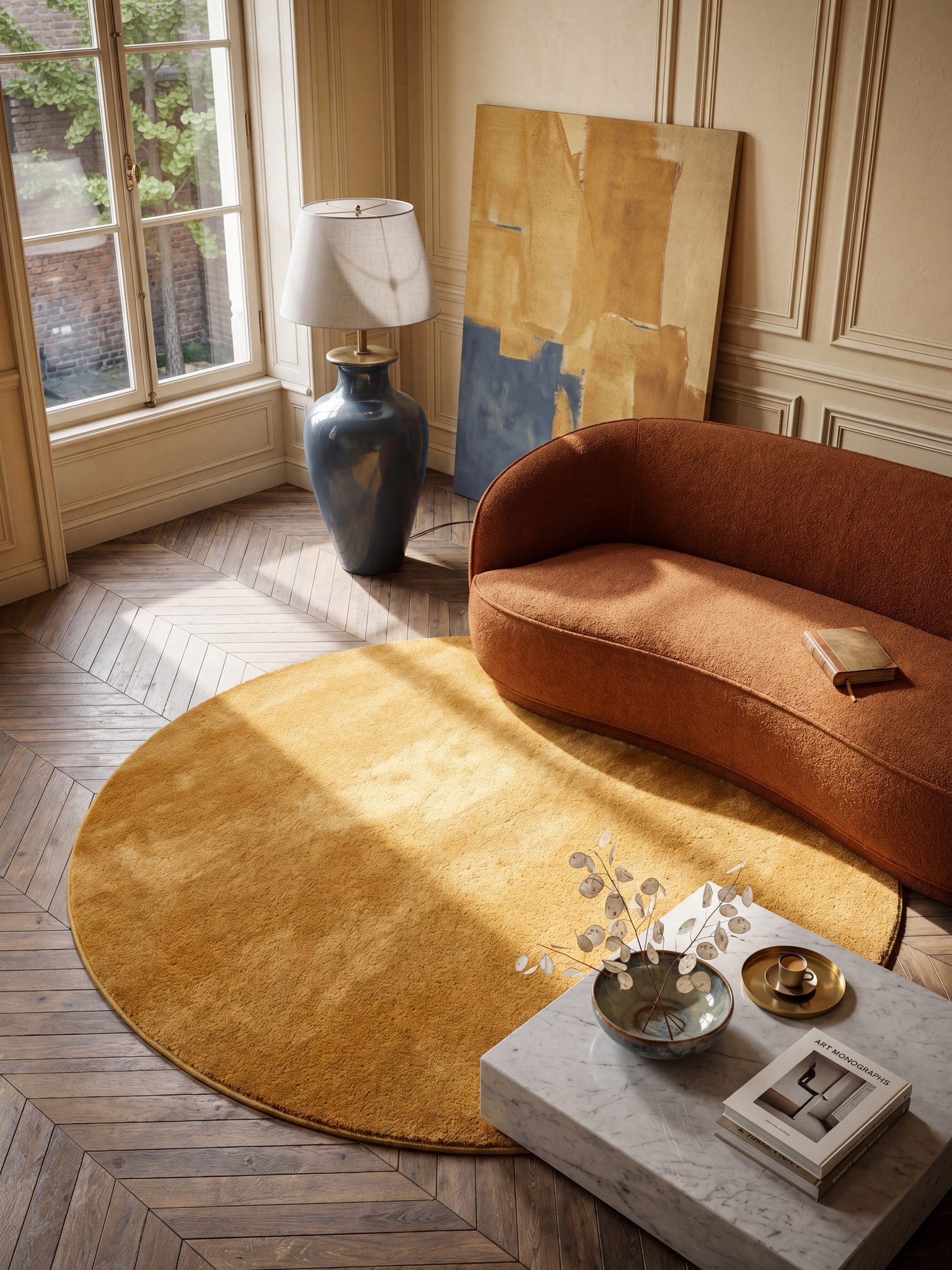KADIMA DESIGN Teppich ALDAN Rundteppich Gold 120x120 Uni Polyester Antirutsch Wohnzimmer, Rund, Höhe: 17 mm, Trittschalldämmend, Strapazierfähig, Pflegeleicht, Farbecht