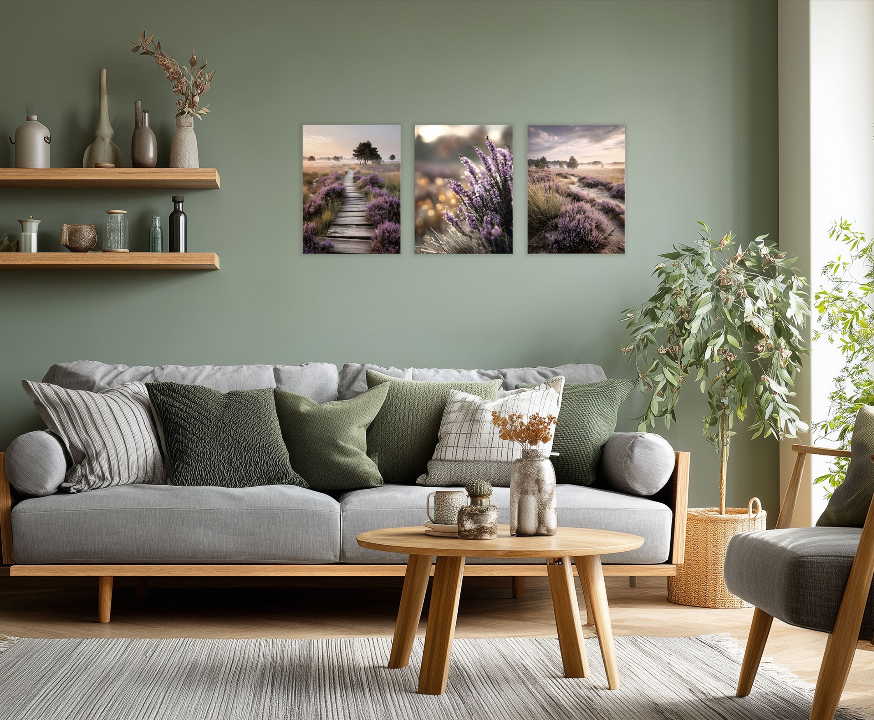 artissimo Mehrteilige Bilder Wandbilder-Set 3er-Set / natürliche Wanddeko / Wohnzimmer, Landschaft: Heidelandschaft mit lila Blüten in beige flieder
