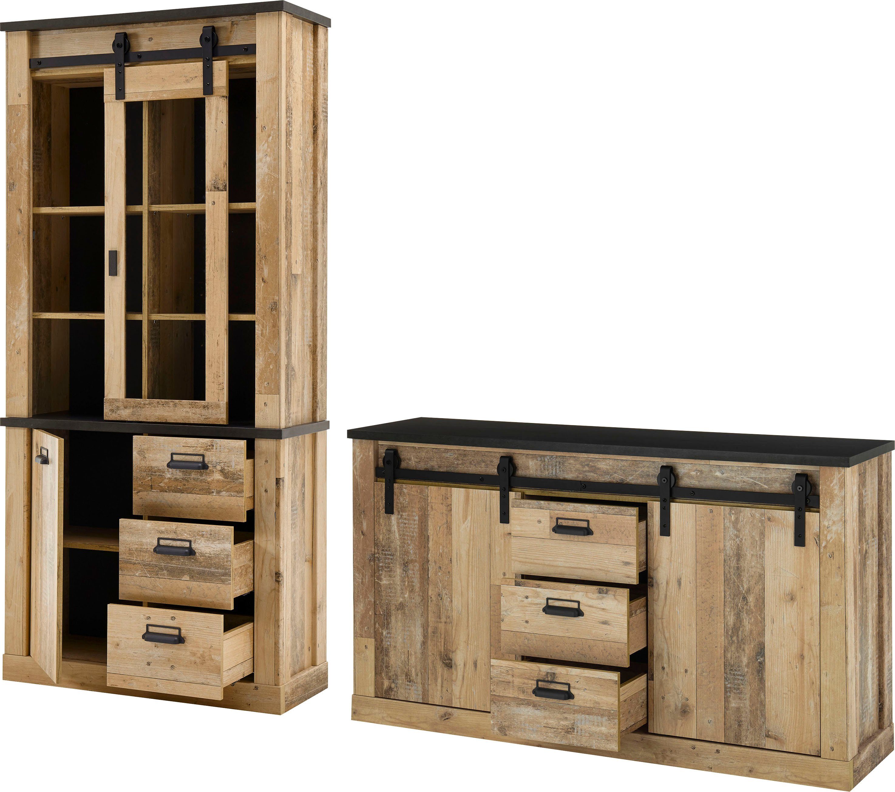 Home affaire Wohnwand SHERWOOD, (2-St), Scheunentorbeschlag und Apothekergriffe aus Metall, Höhe 201 cm