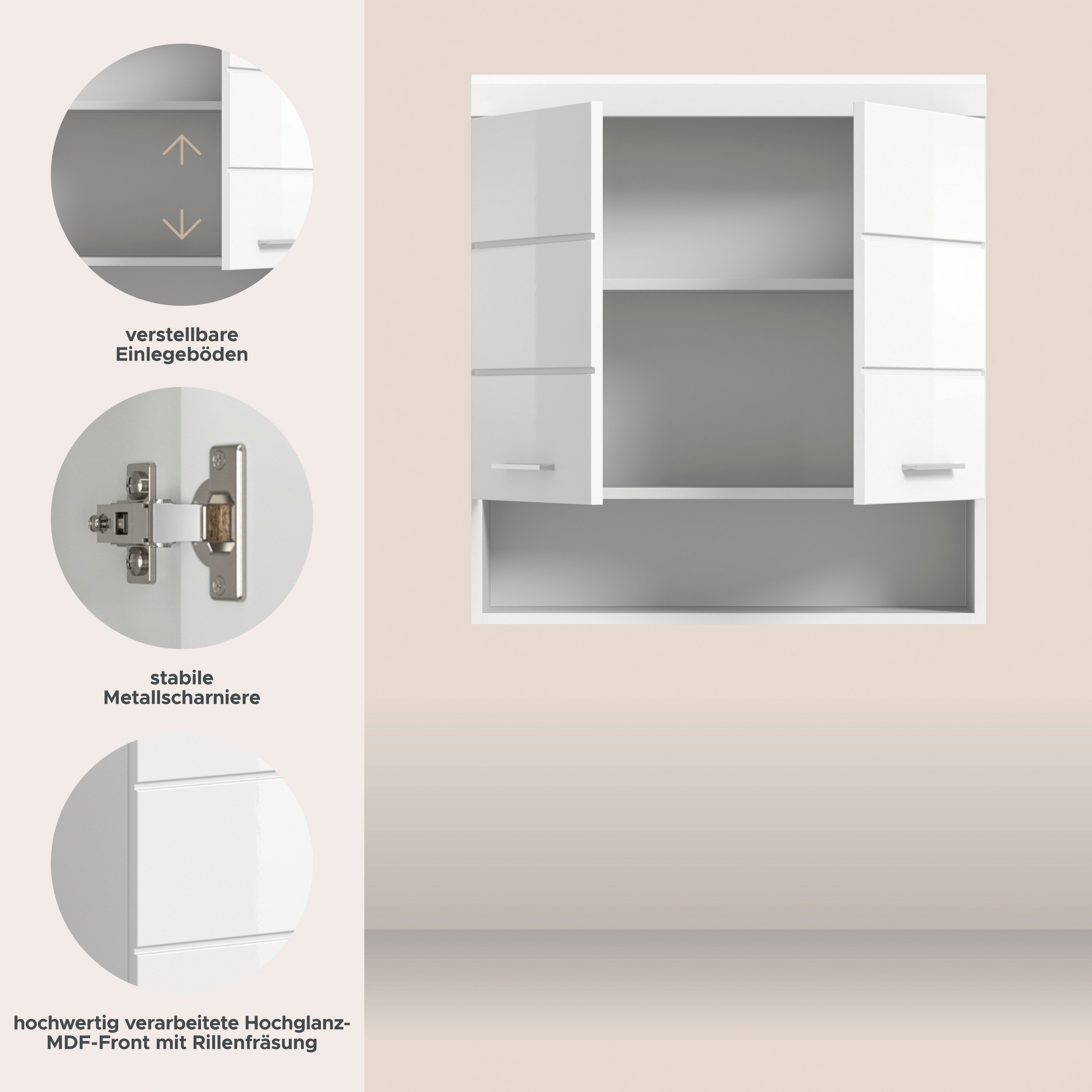 welltime Hängeschrank SIENA, Breite 74cm, 2 Türen, 1 offenes Fächer, MDF-Front (TOPSELLER) in verschiedenen Farben erhältlich, Badmöbel, Badschrank, Schrank, Bad