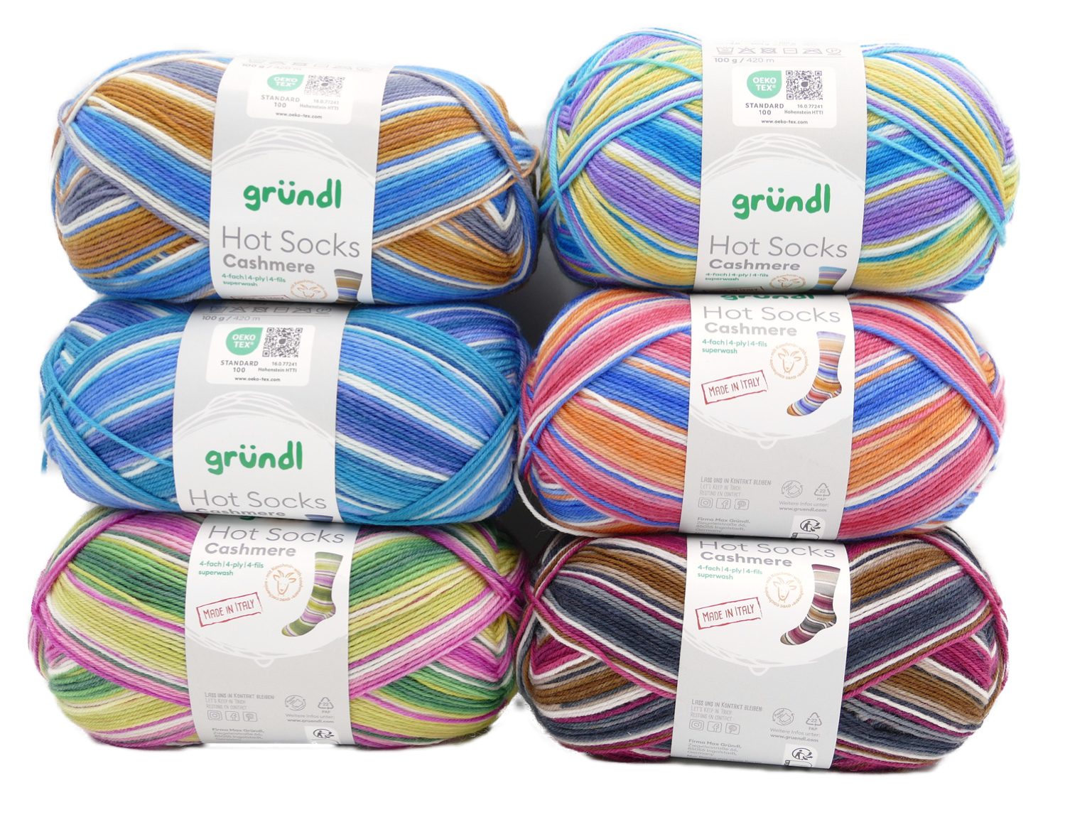 Gründl Hot Socks Sockenwolle 4fach, Paket 6x100g Sockengarn mit Farbverlauf Häkelwolle, (Spar-Set, mit Kaschmir oder mit Seide oder mit Alpaca)