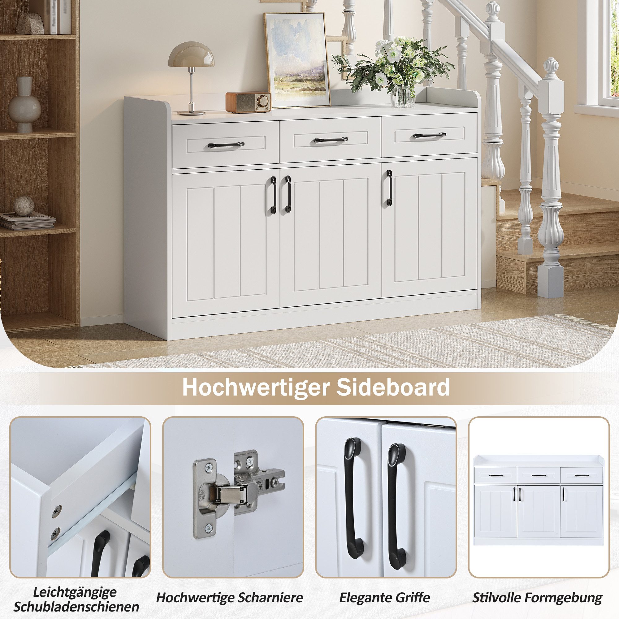 Merax Sideboard mit Verstellbaren Einlegeböden (120 x 35 x 80 cm, 1 St), Wohnzimmerschrank mit 3 Schubladen, 3 Türen & Stauraum,Schrank,Kommode – Bild 5 von 5