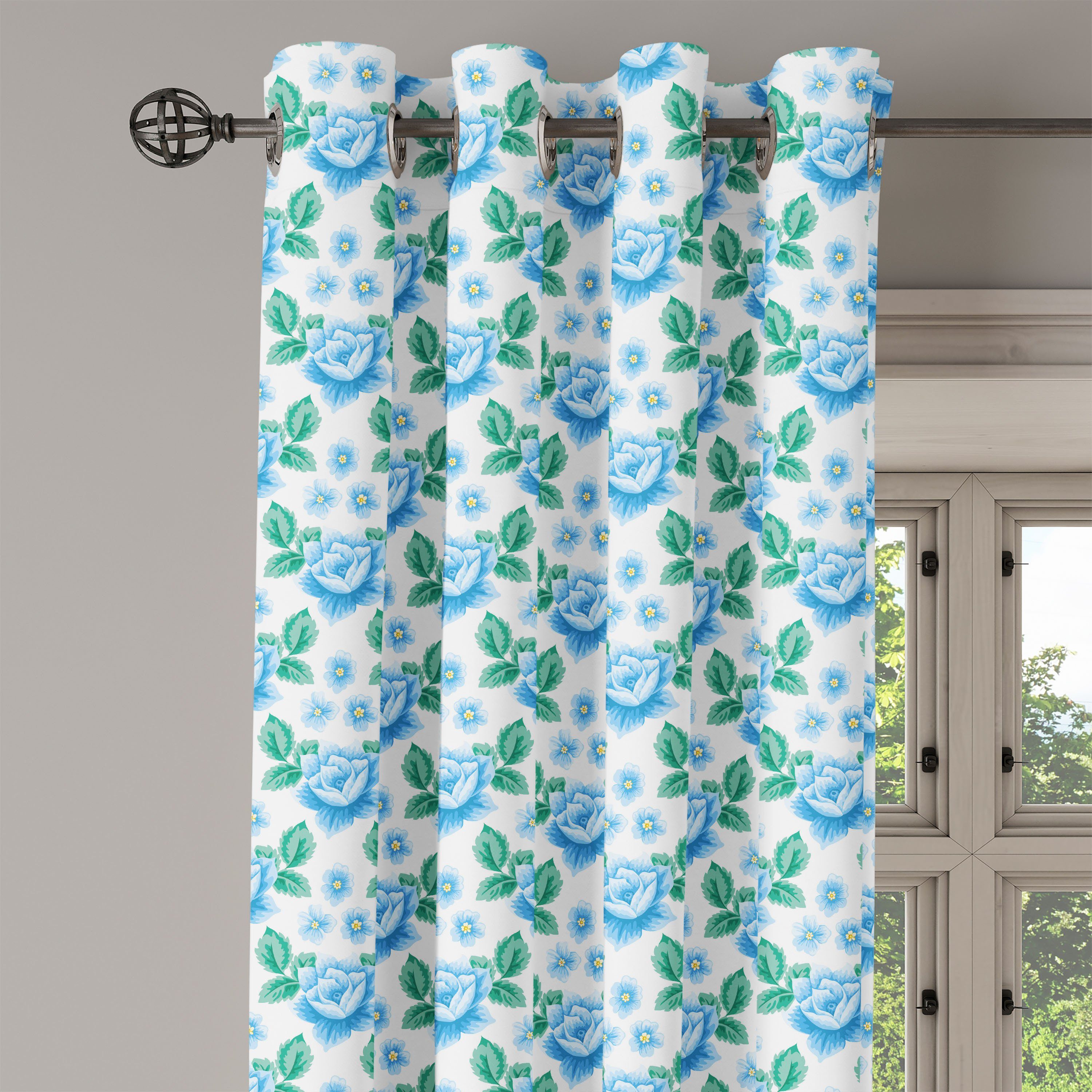 Blaue 2-Panel-Fenstervorhänge Botanik für Vintage Dekorative Schlafzimmer Abakuhaus, Blüten Gardine Rose Wohnzimmer,