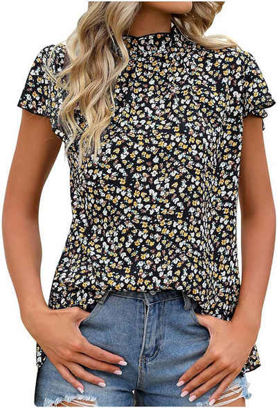 BlauWave Kurzarmbluse T-Shirt Damen Sommer Bluse Ethno Stil Blumendruck Oberteile (1-tlg) Kurzer Ärmel Tshirt V-Ausschnitt