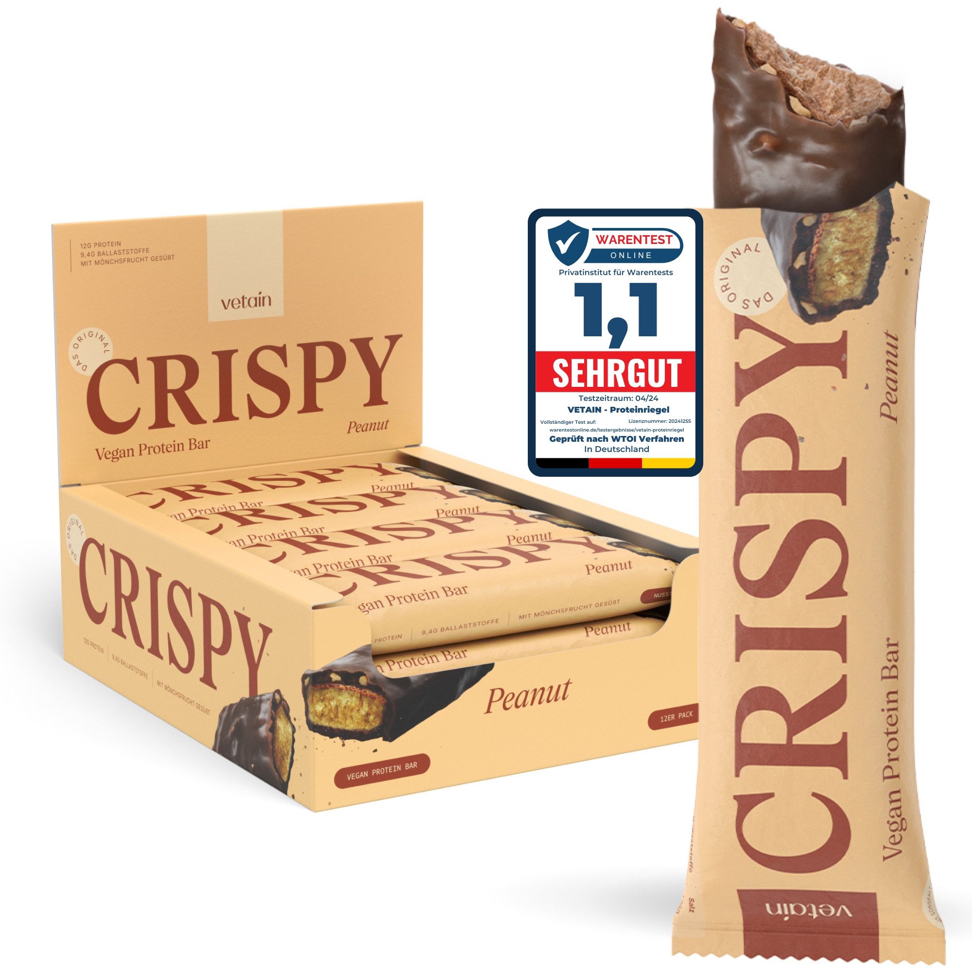 VETAIN Vegan Protein Riegel - 12g Protein pro Riegel, 12 er - frei von Sucralose & Maltit à 55 g, 100% cleane Zutaten, frei von Sucralose & Maltit