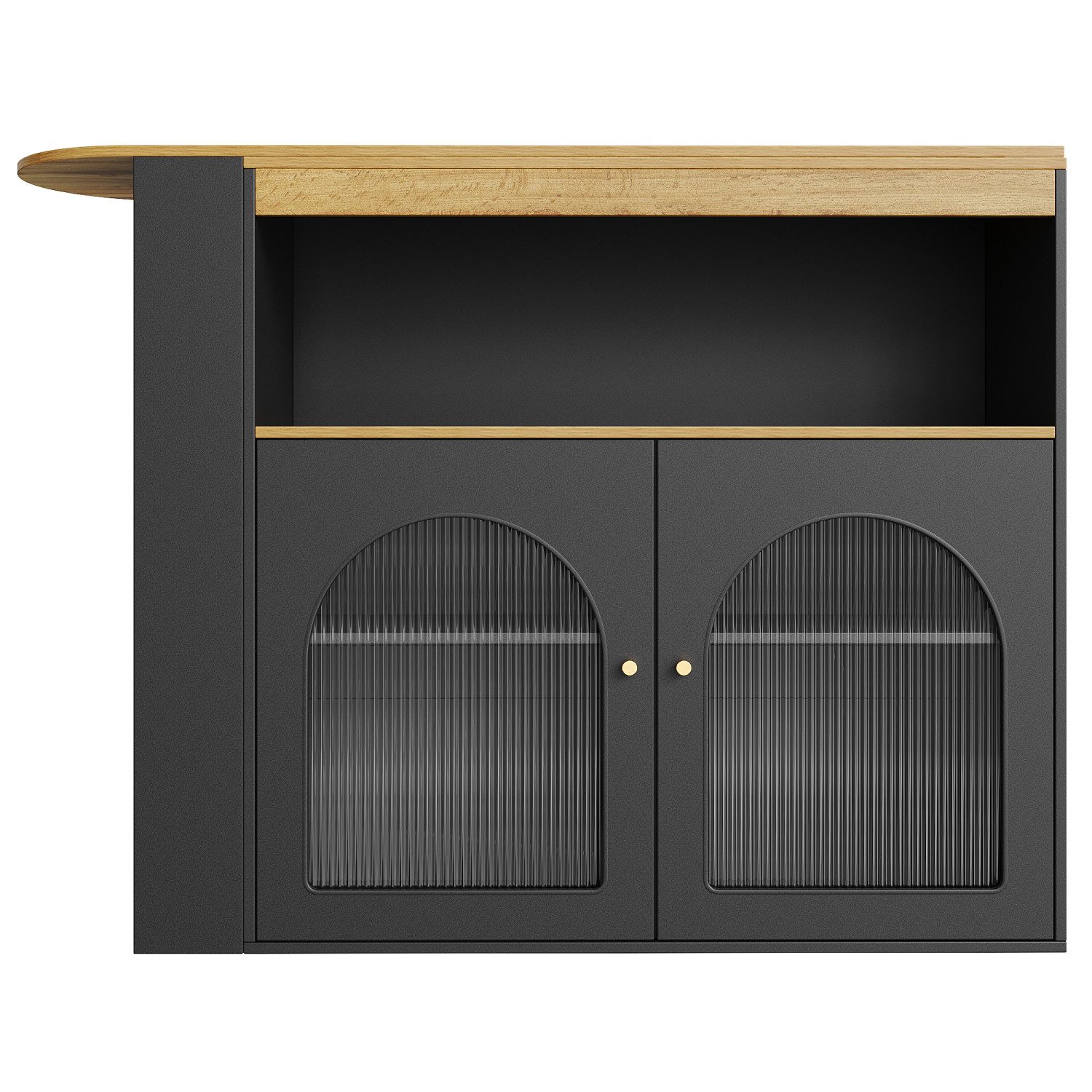 Flieks Bartisch 360° drehbarer Esstisch & Küchenschrank mit LED-Beleuchtung (mit Arbeitsplatte in Holzoptik Natur, 1-St., Tischmaße: 138x39x105 cm, Schrankmaße: 105x39x102 cm), ausziehbar Stehtisch Mehrzweckschrank Sideboard mit Glastüren Schwarz