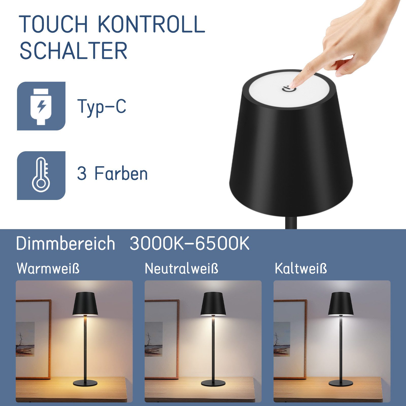 ZMH Tischleuchte LED 2er-Set Kabellos Touch Dimmbar USB-C Nachttisch Büro Schlafzimmer, LED fest integriert, 3000-6500K, 2W,Warmweiß-Neutralweiß-Kaltweiß,Akku 2 – Bild 4 von 5