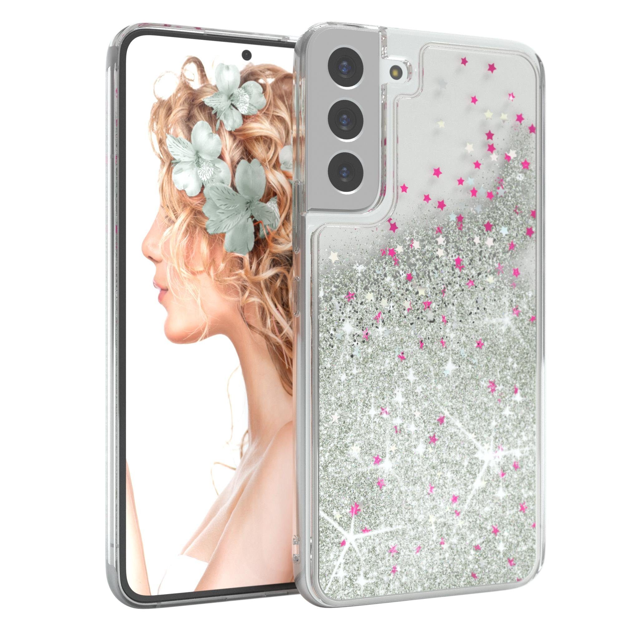 EAZY CASE Handyhülle Liquid Glittery Case für Samsung Galaxy S22 Plus 6,6  Zoll, Kratzfeste Silikonhülle stoßfestes Back Cover Phone Case Etui Silber