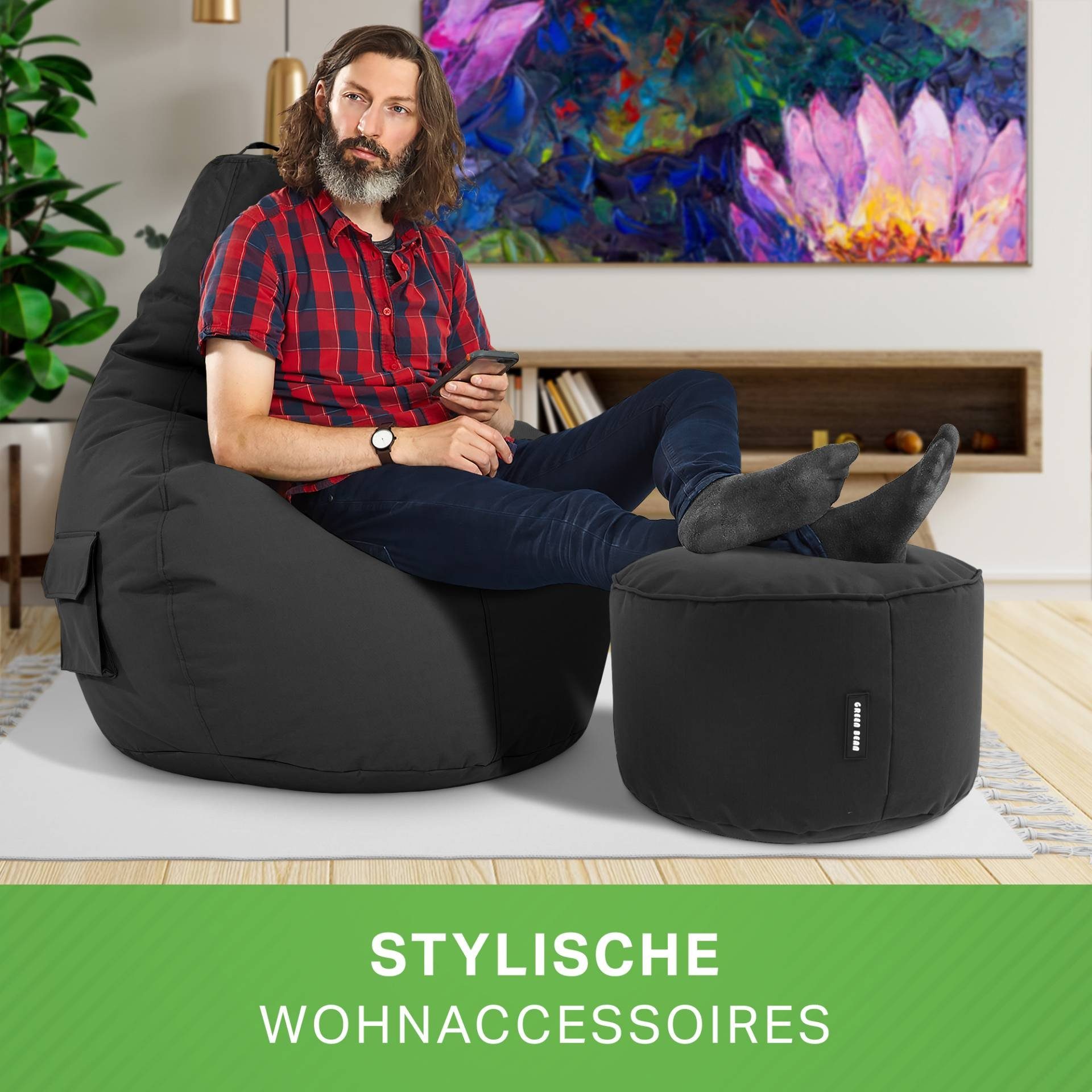 Sitzhocker, Sitzkissen, Green Relax-Sessel + Schwarz Chair Stay, Cozy mit Set Gaming Bean Sitzsack