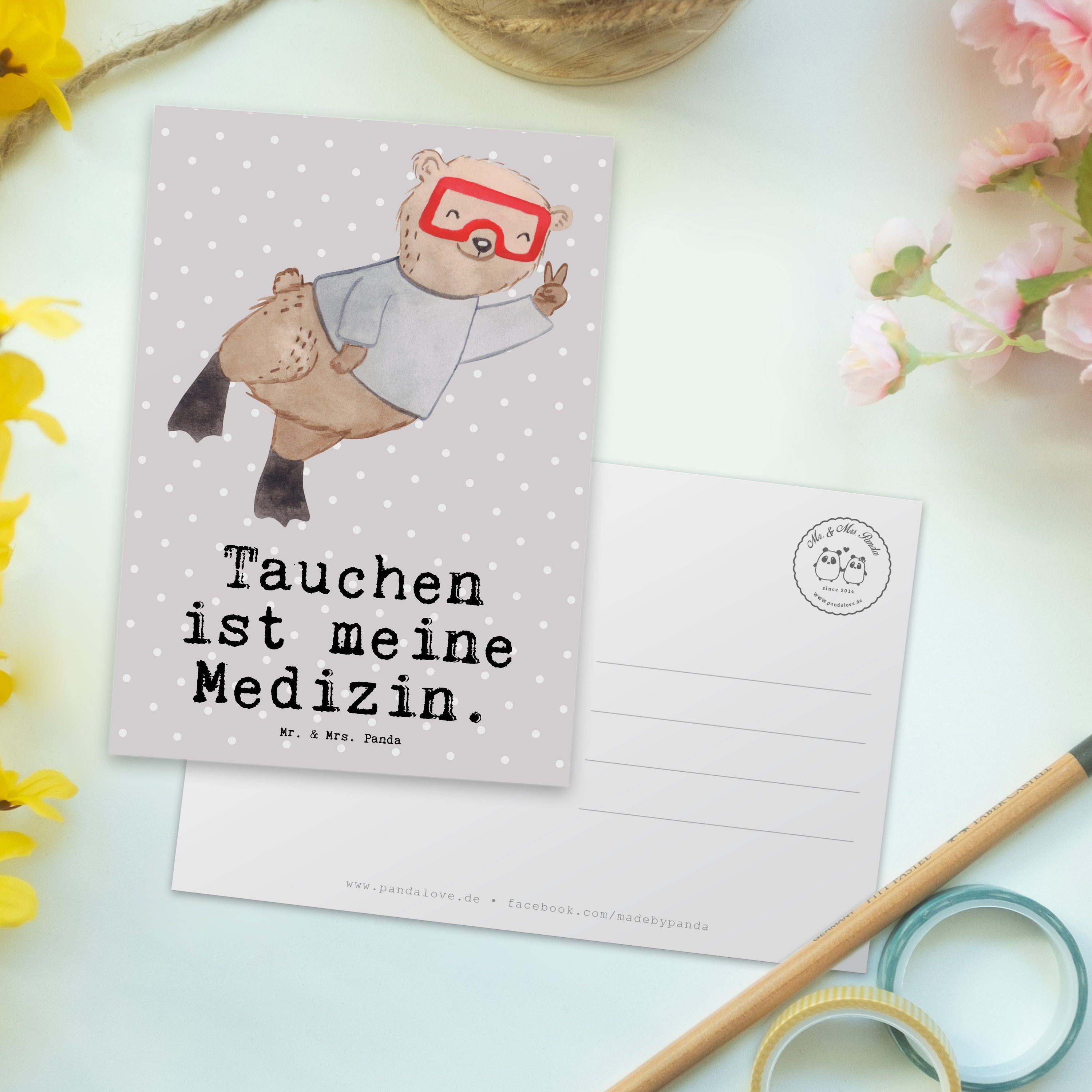Postkarte & Tauchen Geschenk, Panda - Pastell Tiefseetauchen Mrs. Mr. Medizin - Grau Bär Hobby,