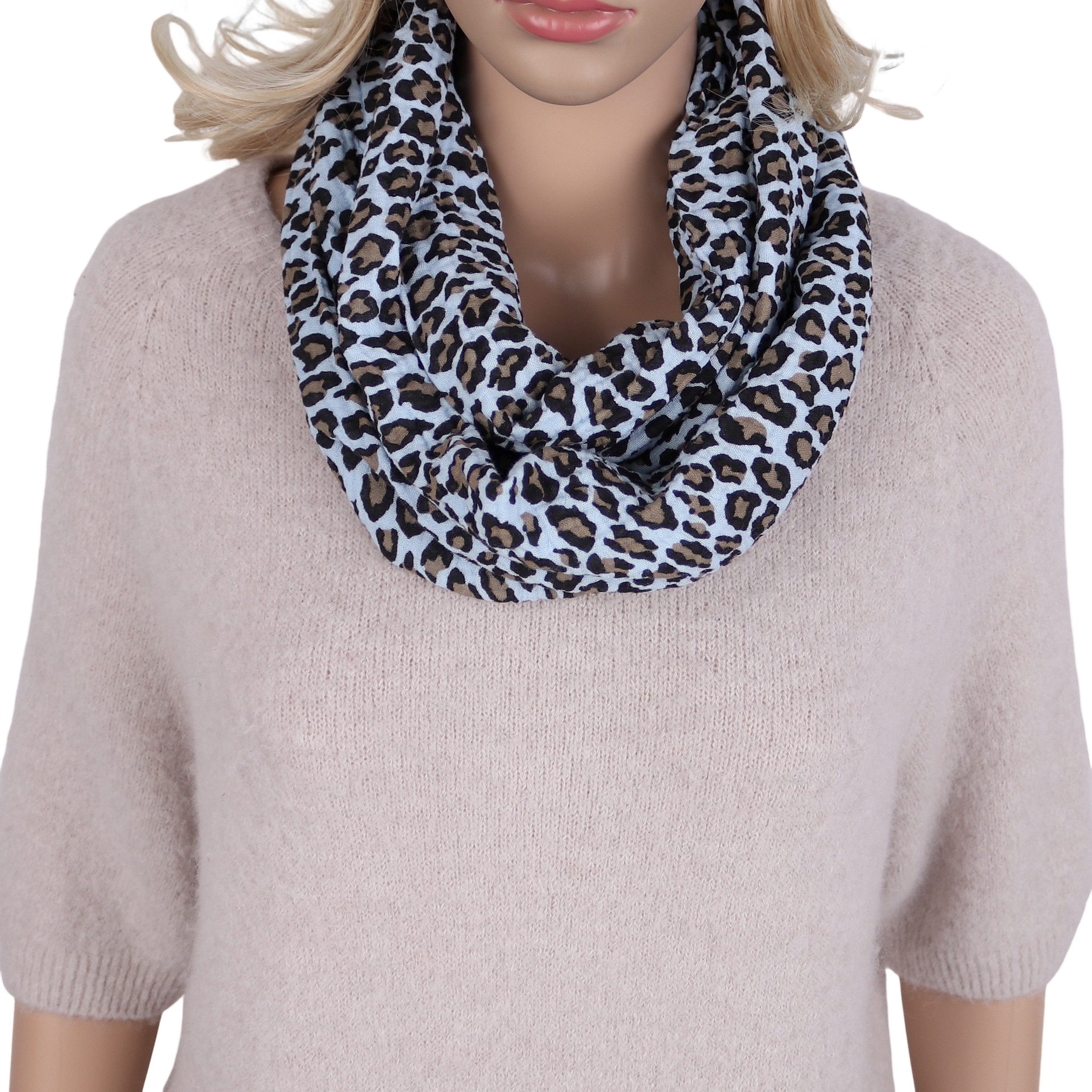 MIRROSI Loop Damen Schal aus Musellin, Made in Italy 70x20cm, Leo, Schlauchschal, (Zweimal um den Hals wickelbar, ca.70x20cm), Damen Halstuch ideal für Frühling, Sommer oder Herbst