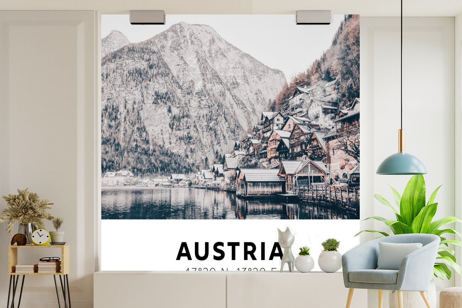 Wohnzimmer Wandtapete bedruckt, Fototapete Tapete - See Schlafzimmer, Matt, St), Österreich für oder - (5 Vinyl Häuser, MuchoWow