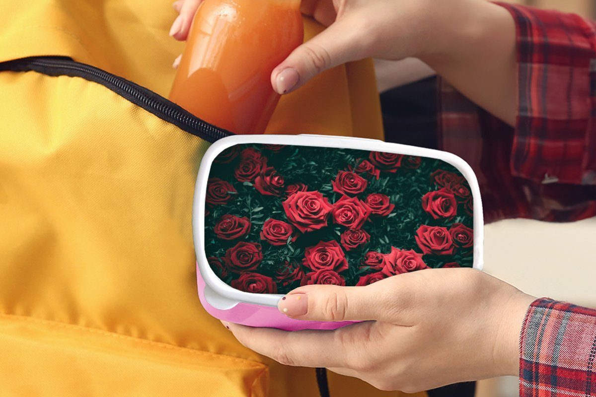 (2-tlg), Snackbox, Brotbox Lunchbox Erwachsene, Mädchen, für - Kunststoff, - Rot, Blumen Rosen MuchoWow Kinder, Kunststoff Brotdose rosa