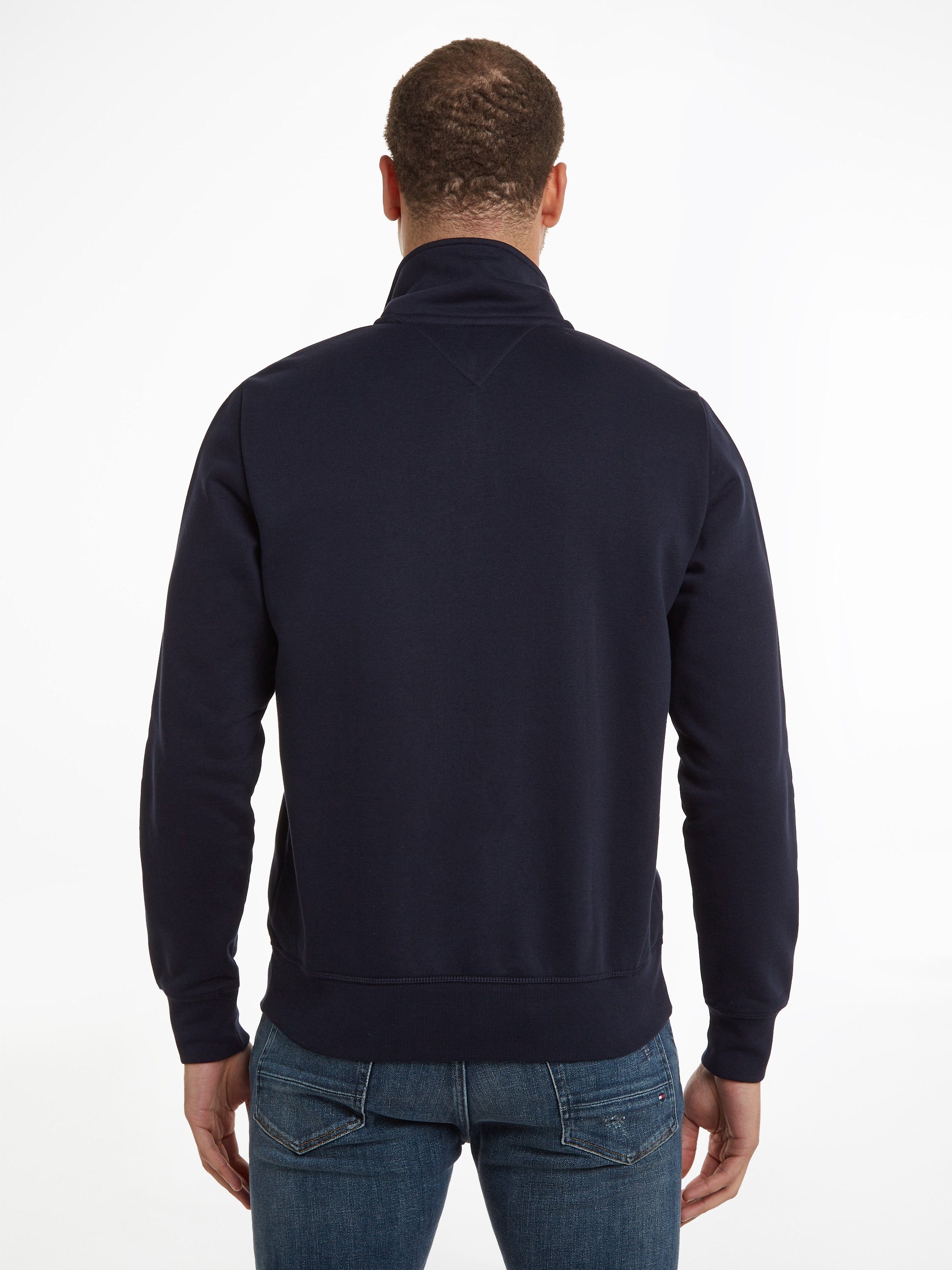 ZIP THRU Sweater Hilfiger LOGO COLLAR TOMMY geteilter mit blau Kängurutasche Reißverschluss und Tommy STAND