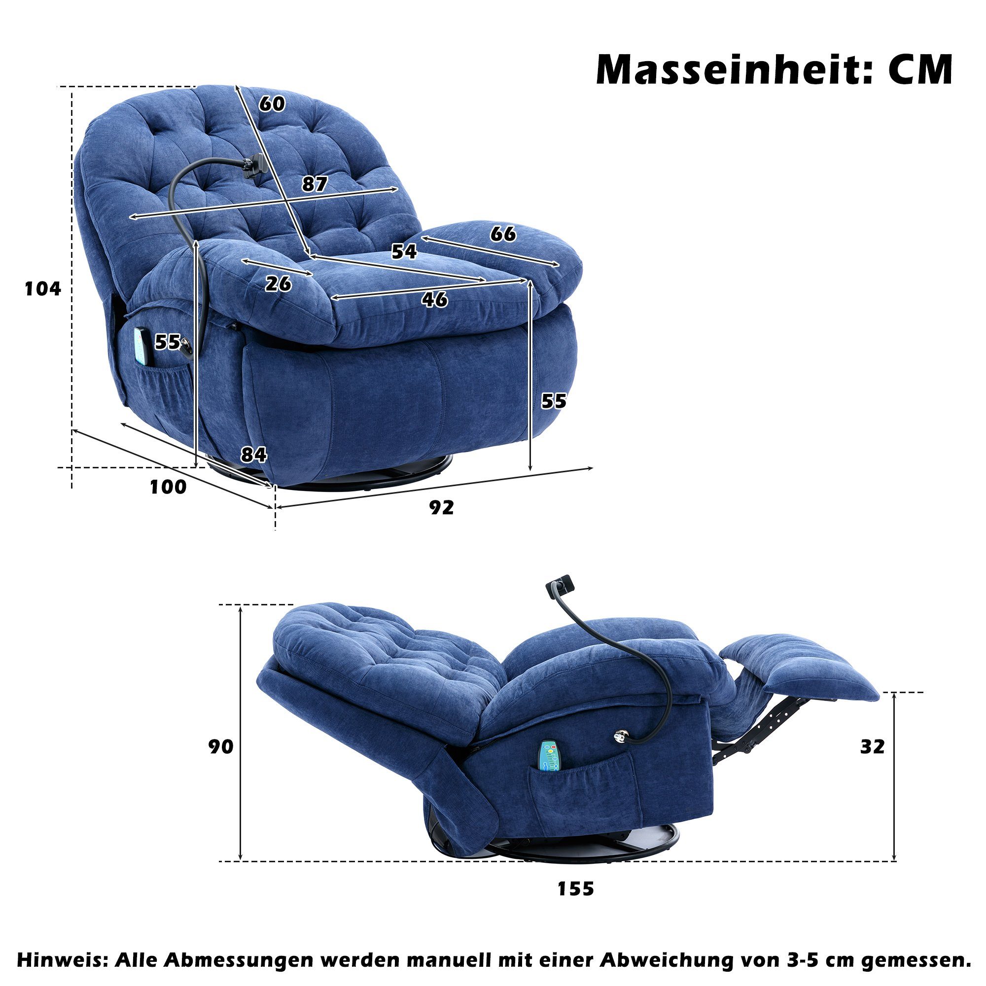 und Fernsehsessel Merax mit TV-Sessel Timer, Relaxsessel Vibration mit 360° Massagesessel Drehfunktion Wärmefunktion, Blau Fernbedienung, mit und