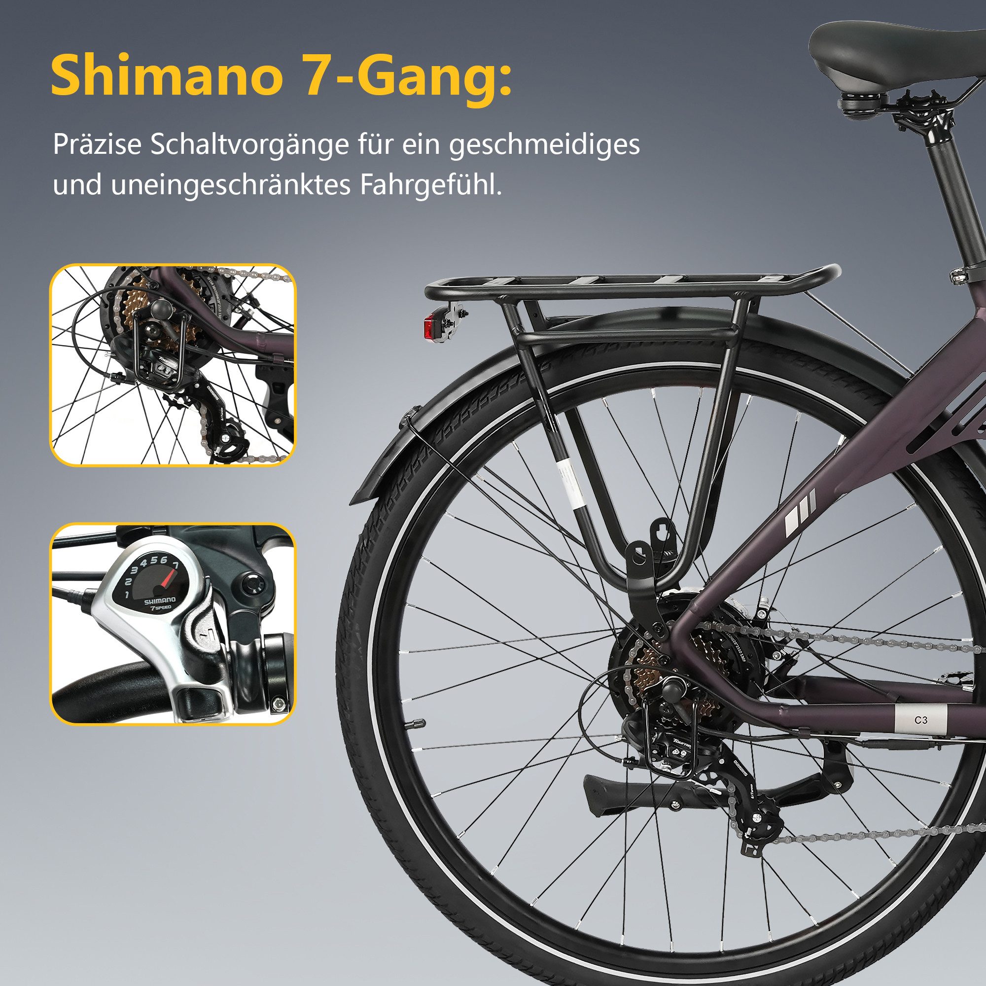 TTGO E-Bike Cityrad 28 Zoll, 120km, Elektrofahrrad für Damen und Herren, Tiefeinsteiger, 7 Gang SHIMANO, Kettenschaltung, Heckmotor, 650 Wh, (für ca. 160–195 cm – Bild 5 von 5