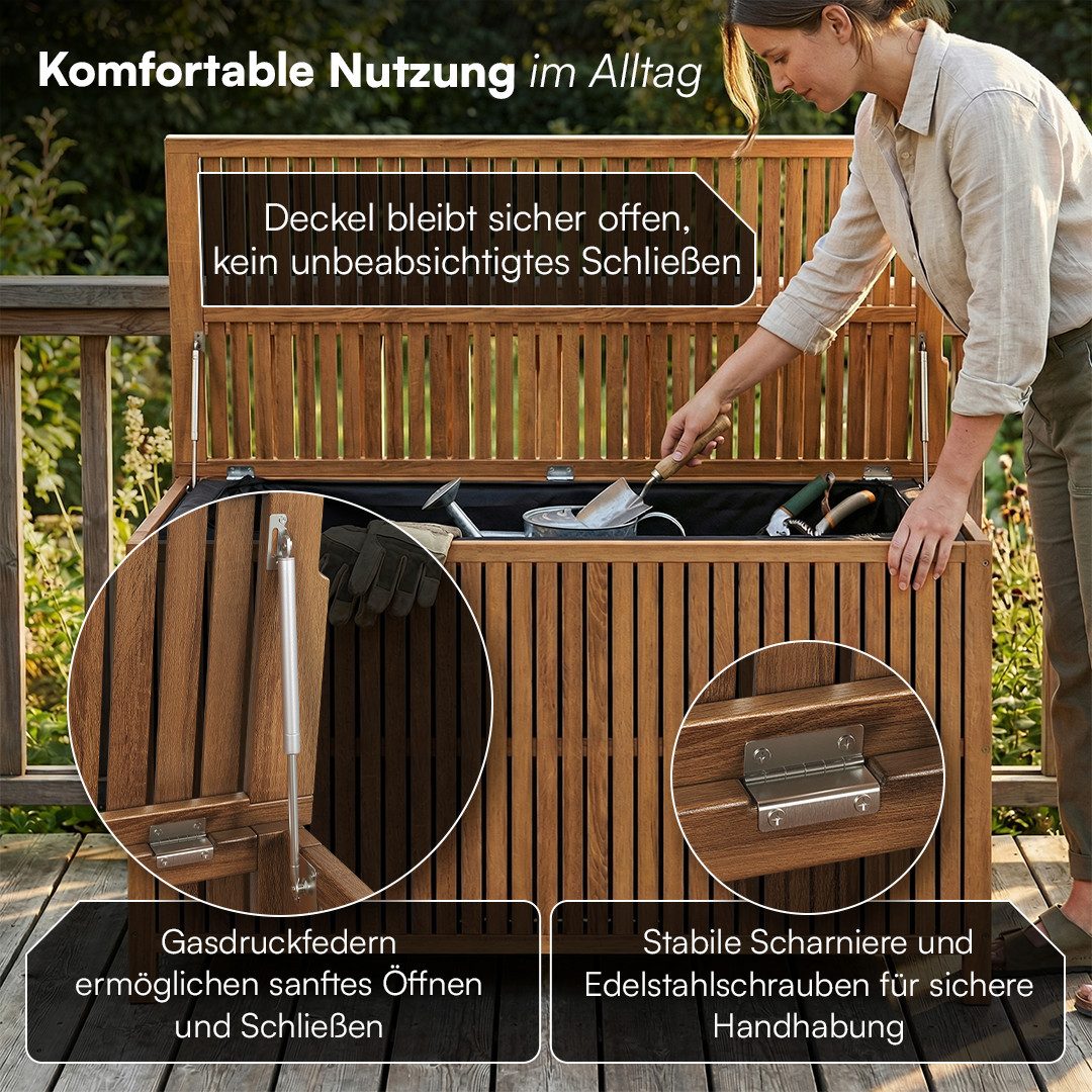 STEELSØN Auflagenbox Alkes Gartenbox aus Akazienholz mit klappbarem Deckel (geölt), wetterfeste Kissenbox, hochwertige Innentasche, Sitztruhe für Garten