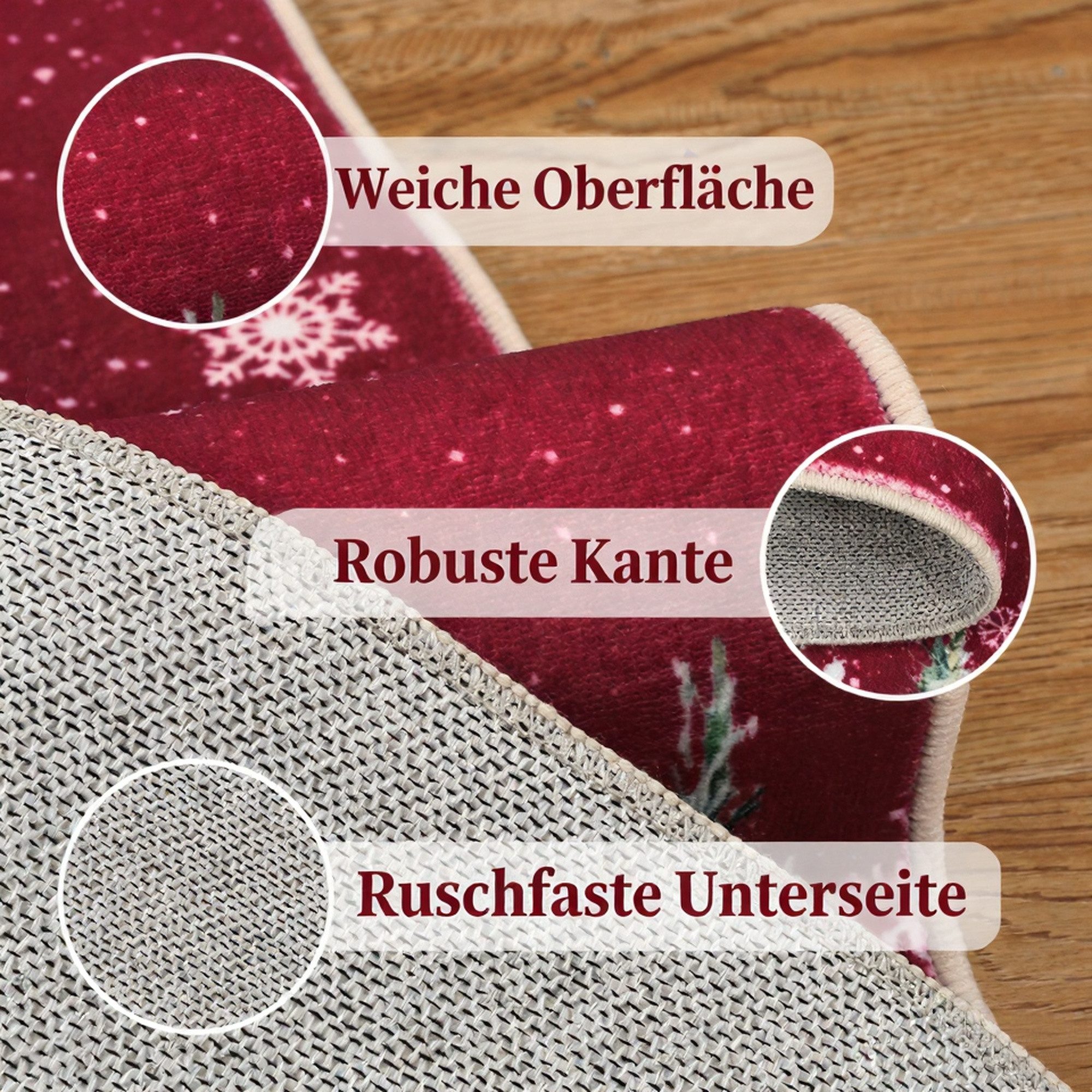 GarveeMore Teppich Rot Weihnachtsteppich mit Santa, Rentieren, Schneemann und Tannen, Höhe: 5 mm – Bild 3 von 5
