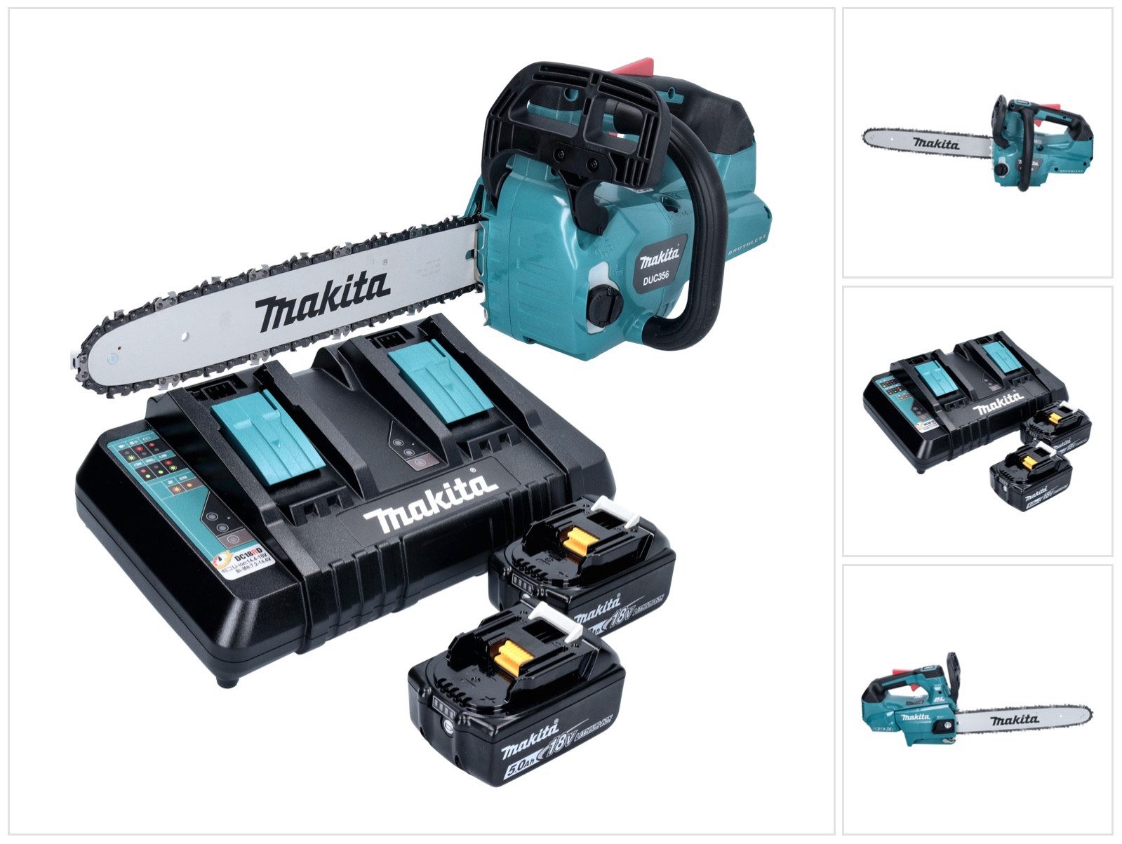 Makita Benzin-Kettensäge DUC 356 PTB Akku Kettensäge 36 V (2x 18 V) 35 cm Brushless + 2x Akk