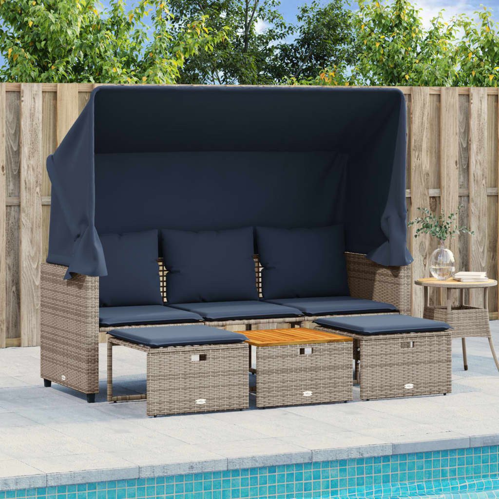 vidaXL Loungesofa Gartensofa 3-Sitzer mit Baldachin und Hockern Grau Poly Rattan