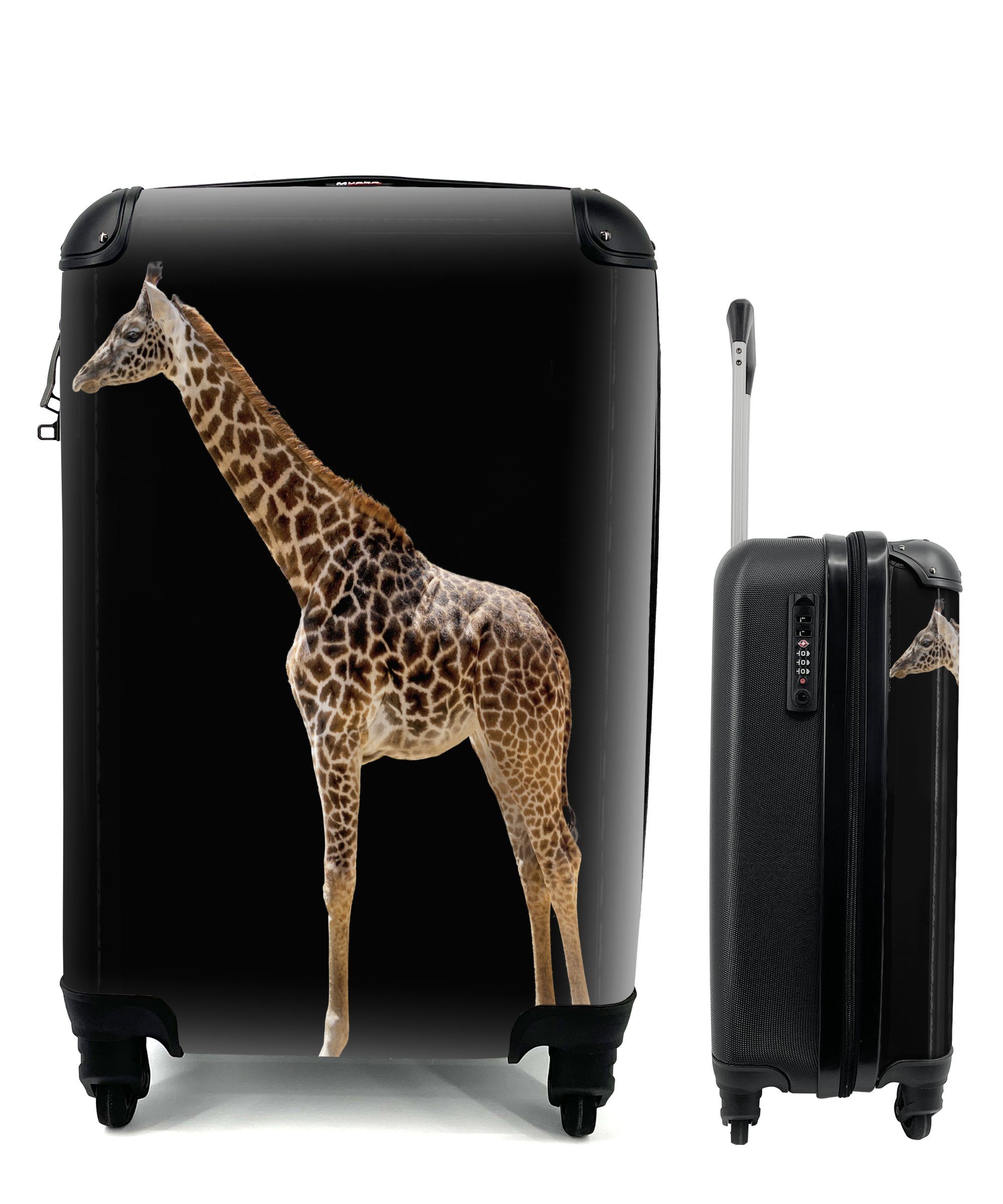MuchoWow Handgepäckkoffer Seitenansicht einer Giraffe vor einem schwarzen Hintergrund, 4 Rollen, Reisetasche mit rollen, Handgepäck für Ferien, Trolley, Reisekoffer