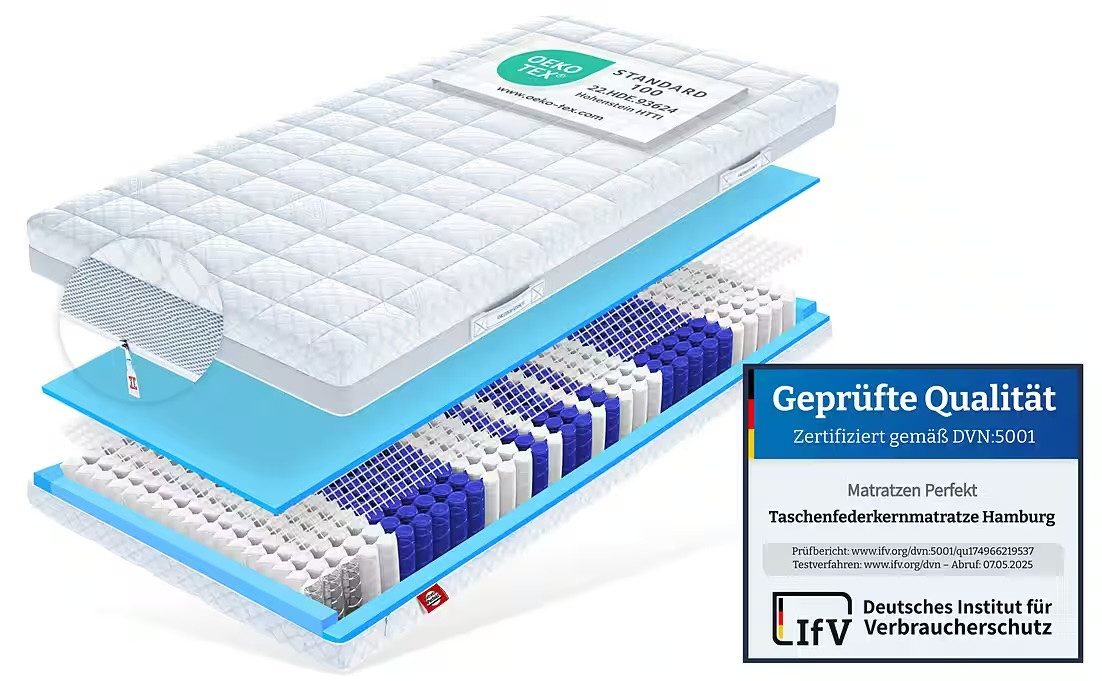 Taschenfederkernmatratze Hamburg Deluxe 9 ZONEN Federkern Matratze Klima Bezug, Matratzen Perfekt, 23 cm hoch, orthopädische Federkern Matratze in Premiumqualität