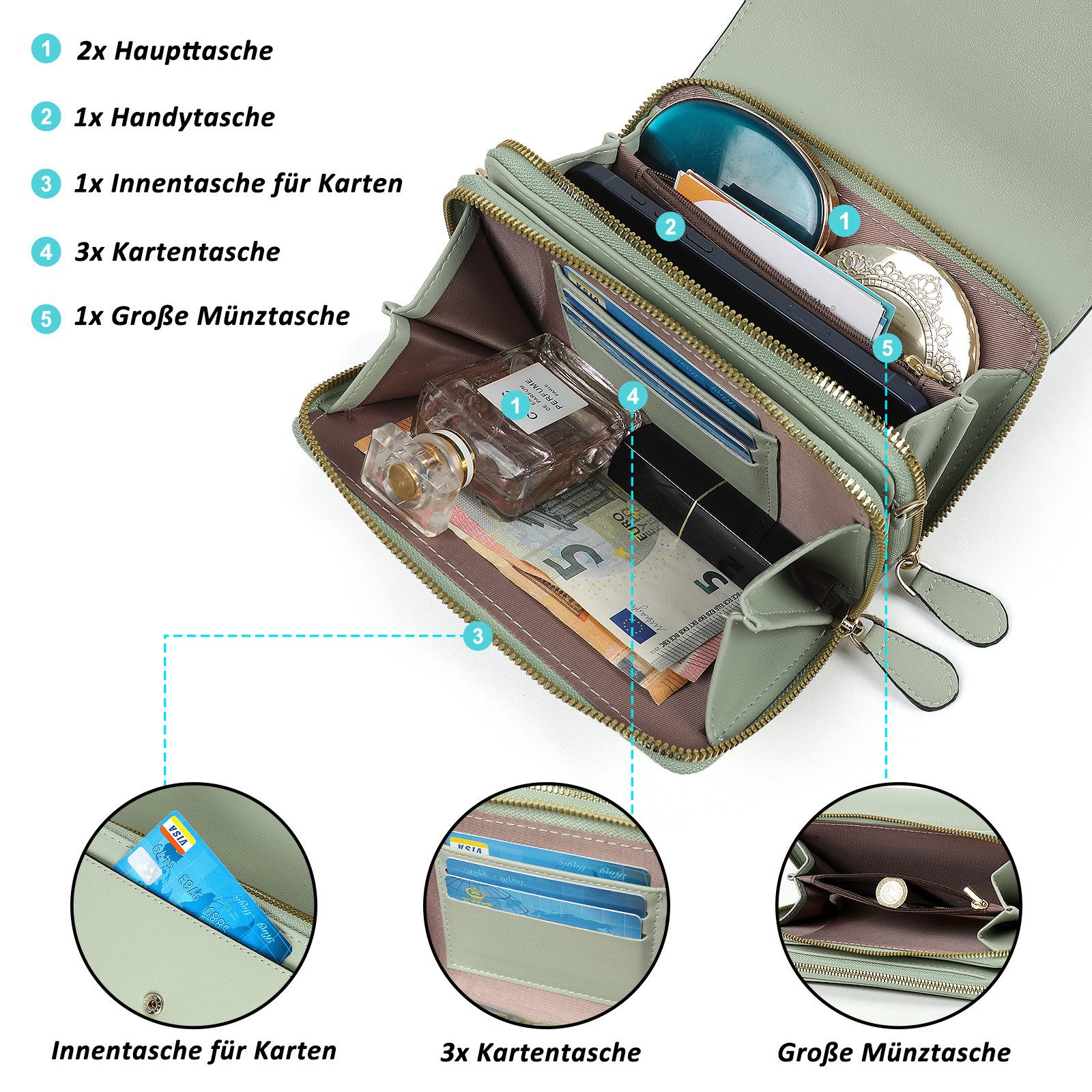 TAN.TOMI Umhängetasche Damen Handy Umhängetasche - Crossbody Tasche bis zu 6,7 Zoll (mit Geldbeutel Kartenfächer & Verstellbarer Abnehmbar Schulterriemen), Schultertasche Kleine Abendtasche Reisepass Handytasche